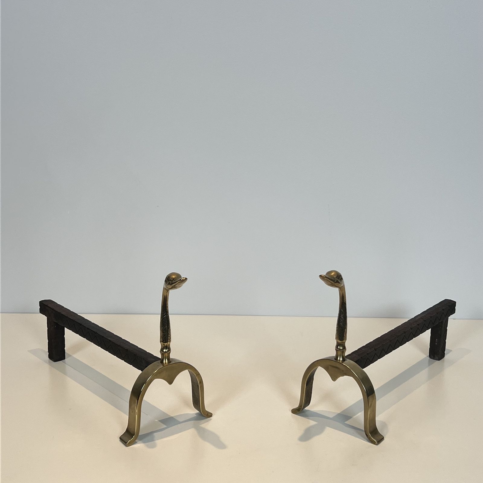 1450.0 Pair Of Brass Andirons With Ducks. In The Style Of Maison Jansen photo