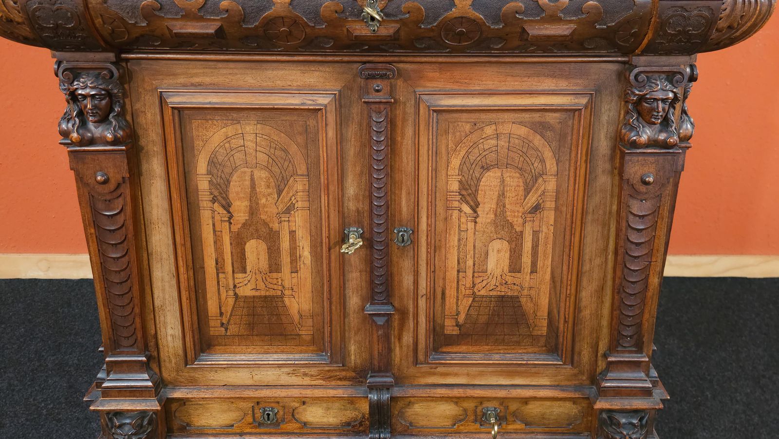 German Baroque Lectern Podium, Wood With Inlays, Antique, 1850 Circa photo vinterior
