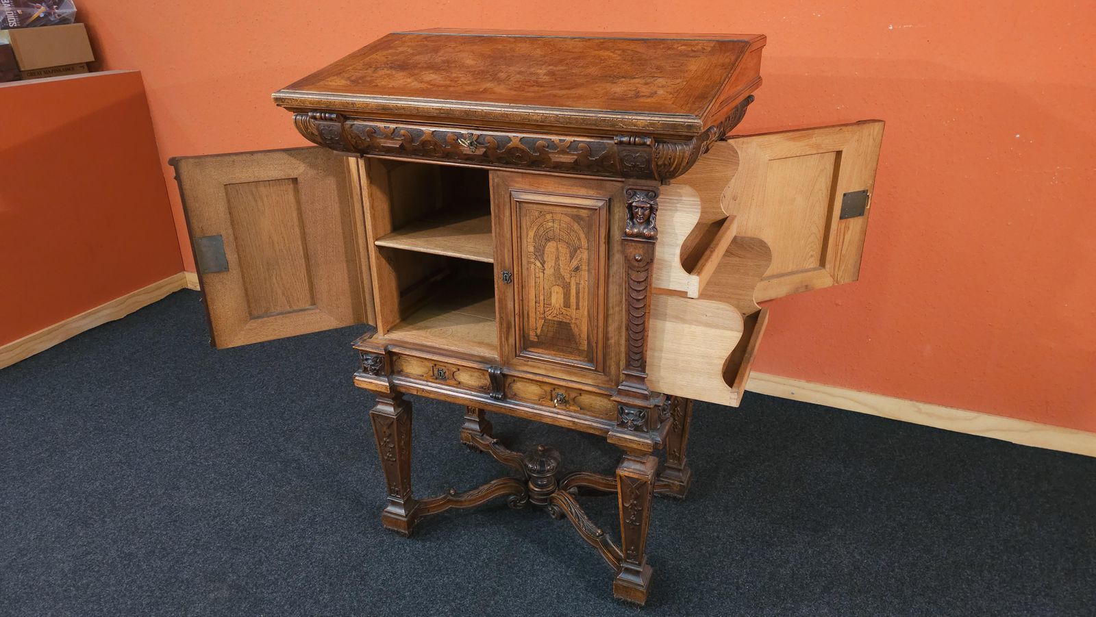 Furniture German Baroque Lectern Podium, Wood With Inlays, Antique, 1850 Circa photo