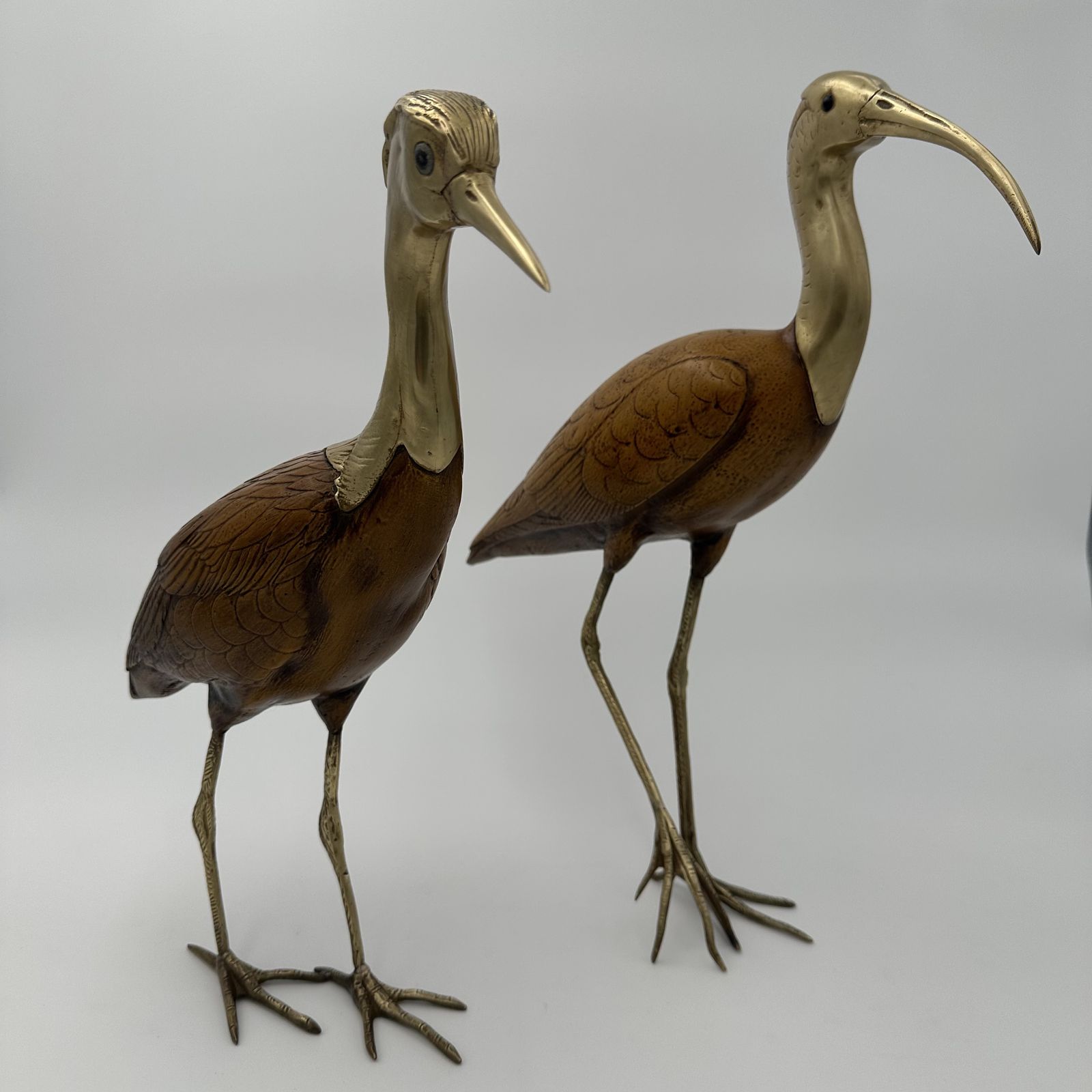 Pair Of Birds In Wood And Chiseled Brass