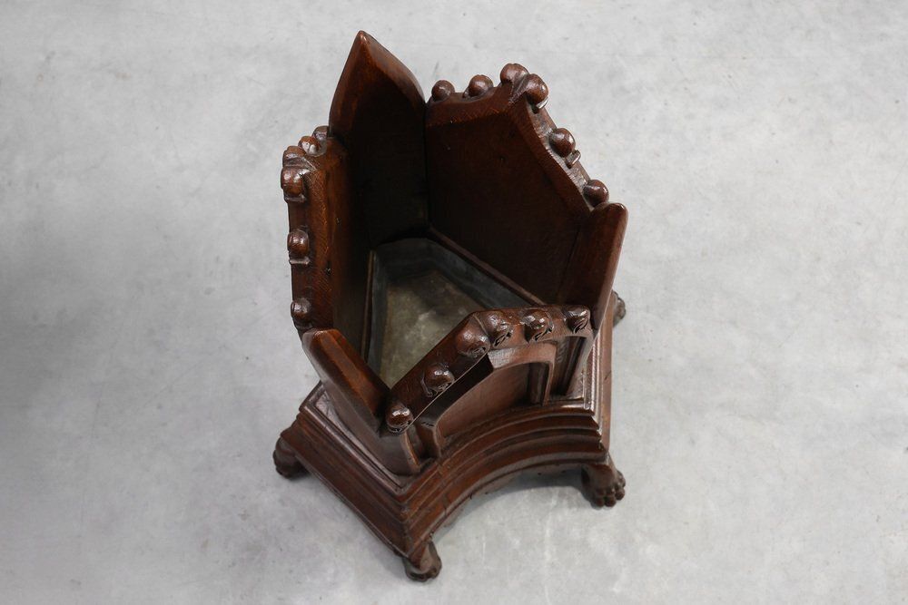 19th Century Neo Gothic Oak Umbrella Stand With Sculptural Carving, France photo Home Decor