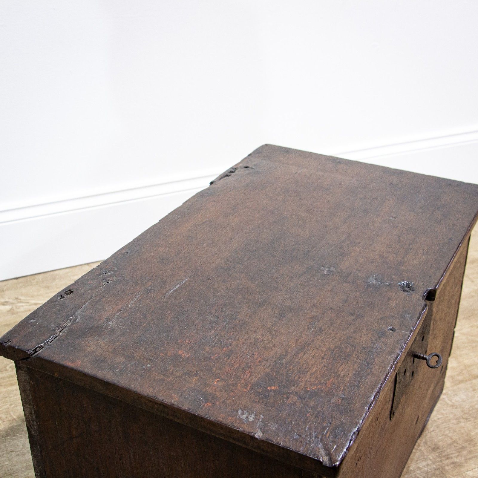 Elizabethan 16th Century Small Oak Church Coffer photo for sale