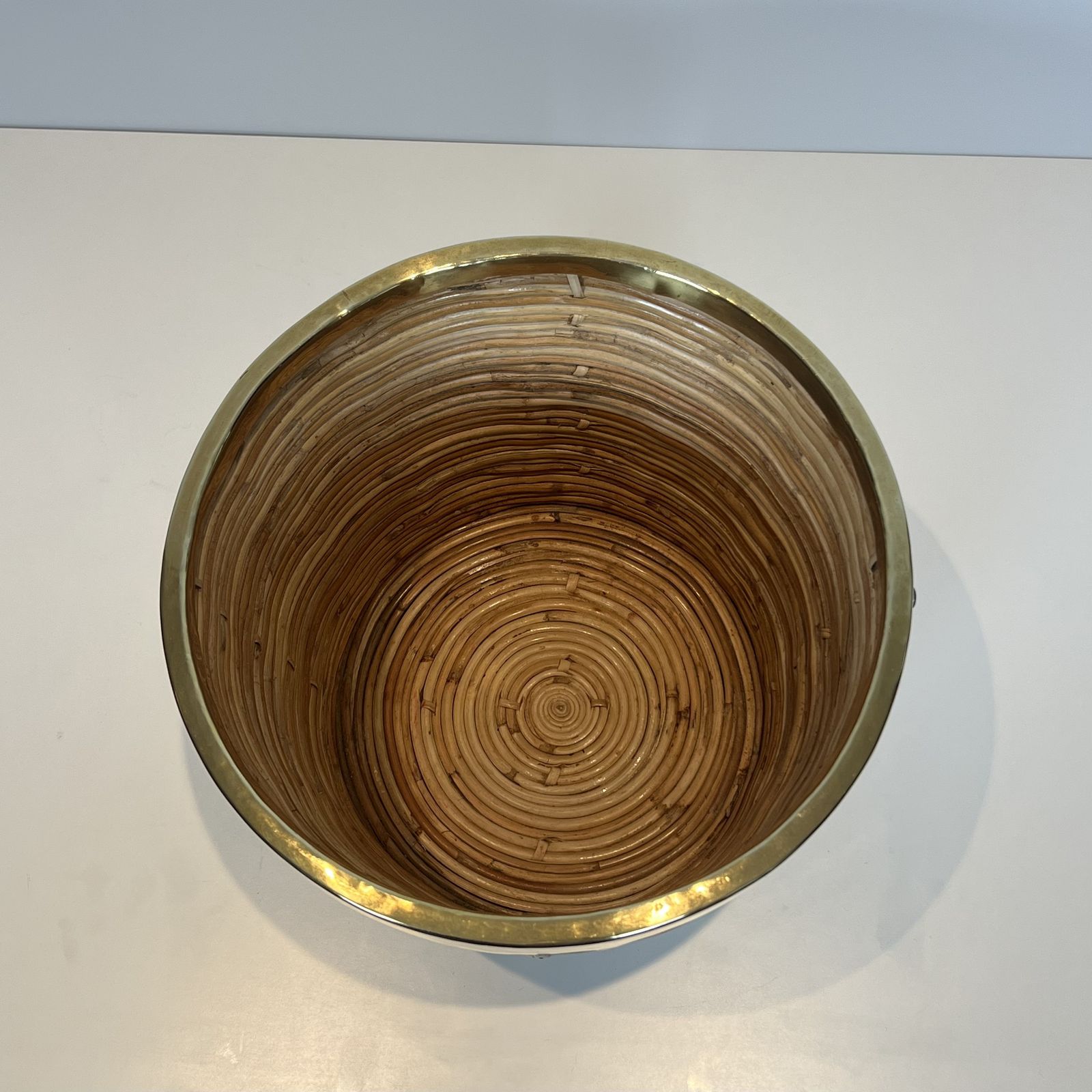 Rattan And Brass Wastepaper Basket In The Style Of Gabriela Crespi photo 480.0