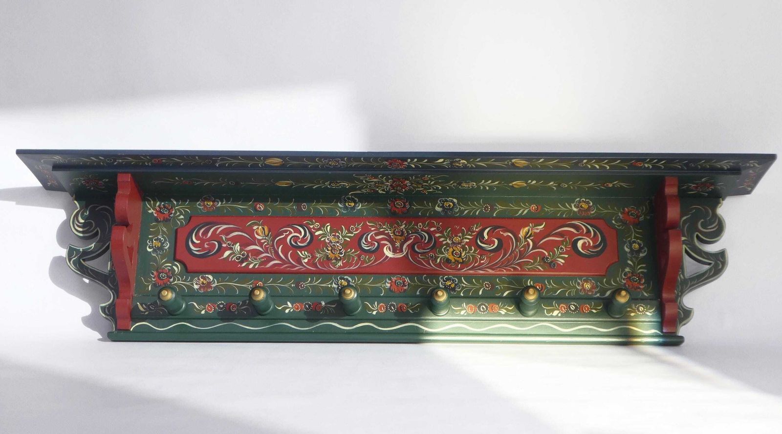 Antique Carved Folk Art Dutch Wall Rack, Wooden Hand Painted Floral Coat Rack photo for sale