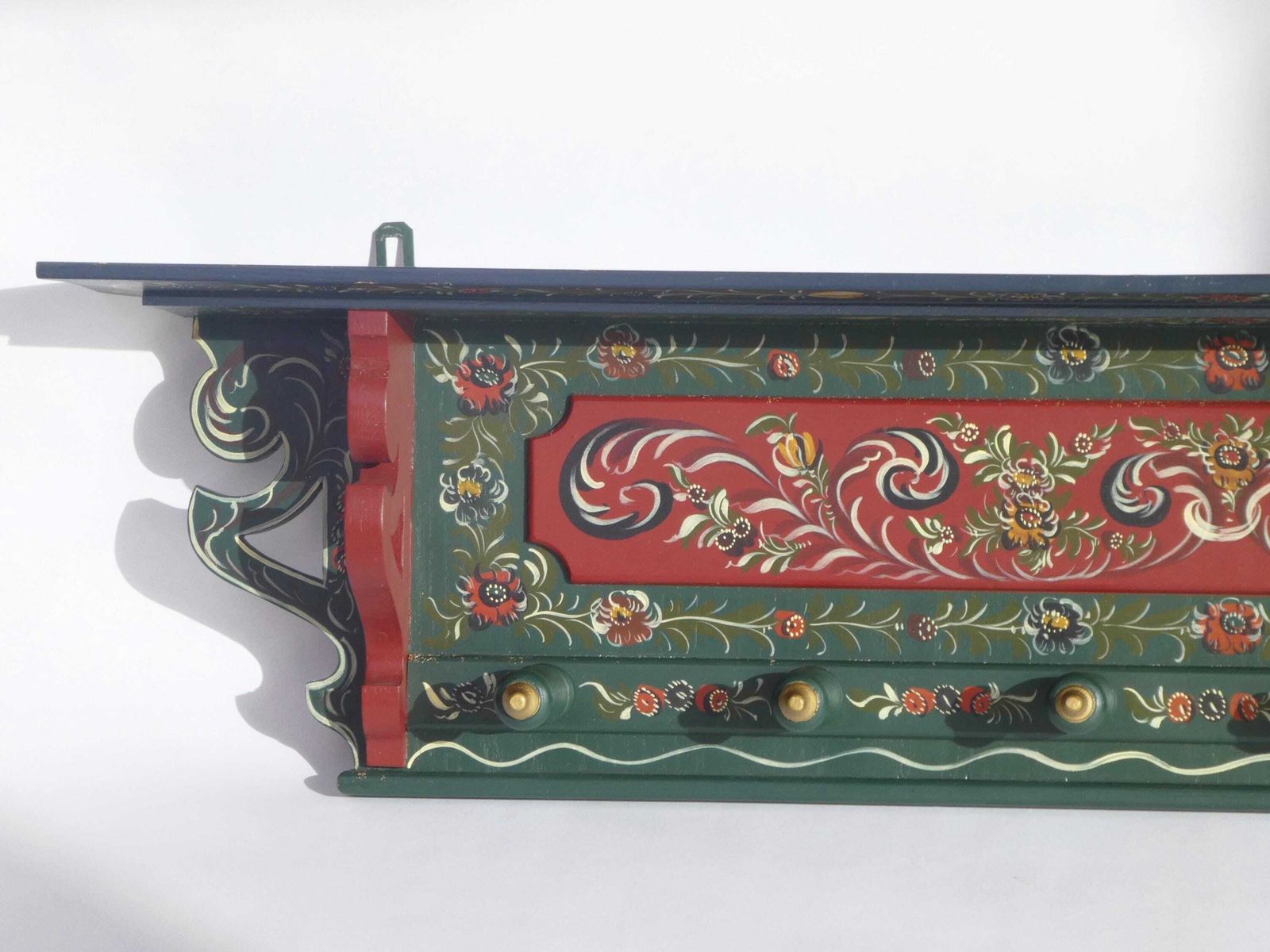 Antique Carved Folk Art Dutch Wall Rack, Wooden Hand Painted Floral Coat Rack photo 500.0