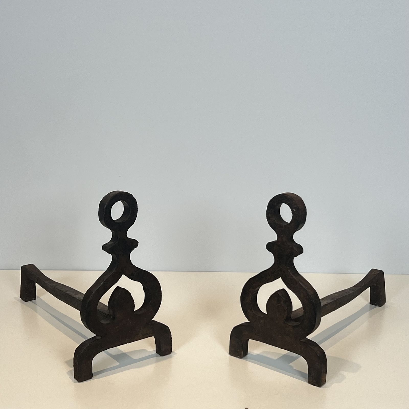 Pair Of Modernist Wrought Iron Andirons