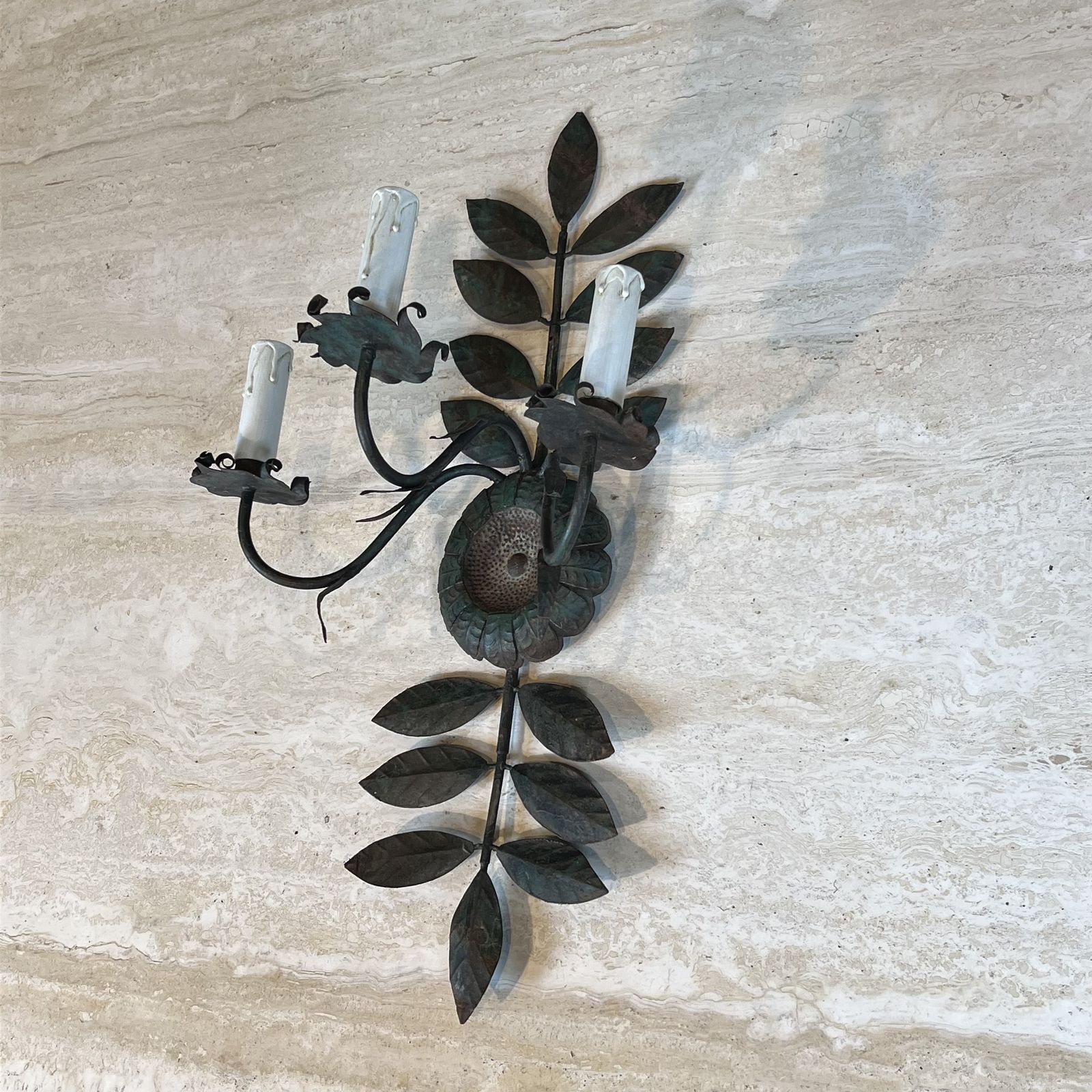 Pair Of Decorative Wall Sconces With Sunflowers And Foliage In Patinated Metal photo for sale