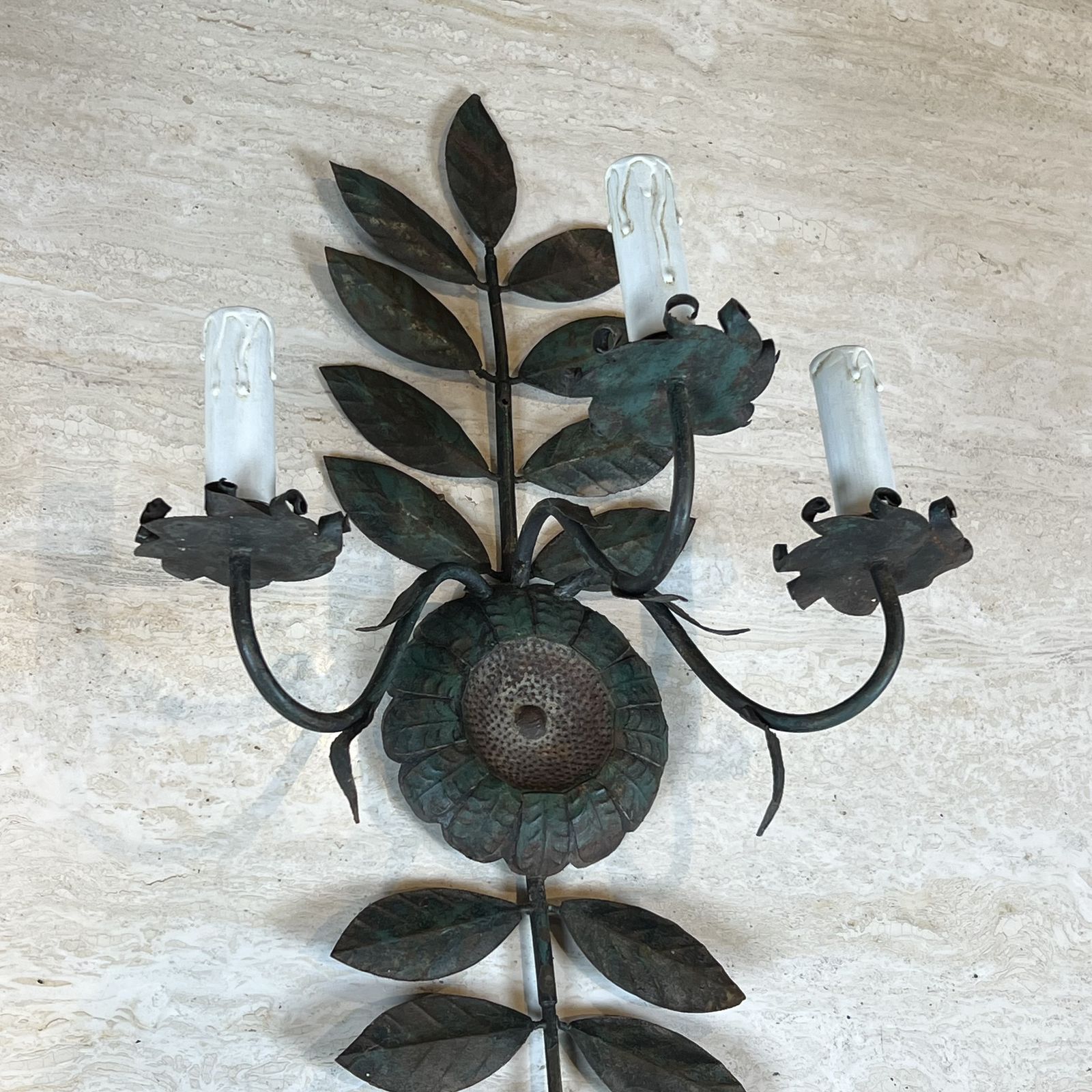 Pair Of Decorative Wall Sconces With Sunflowers And Foliage In Patinated Metal photo Lighting