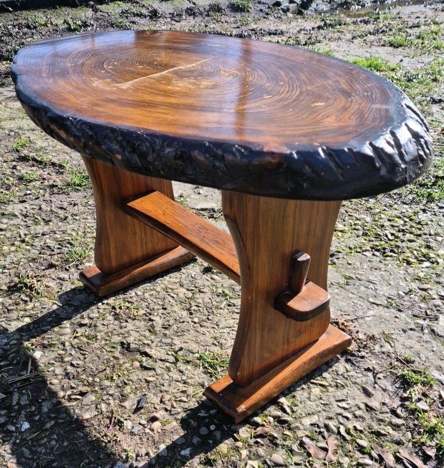 Handmade Rustic Vintage Wooden Coffee Table Oval Tree Trunk Side Table photo vintage