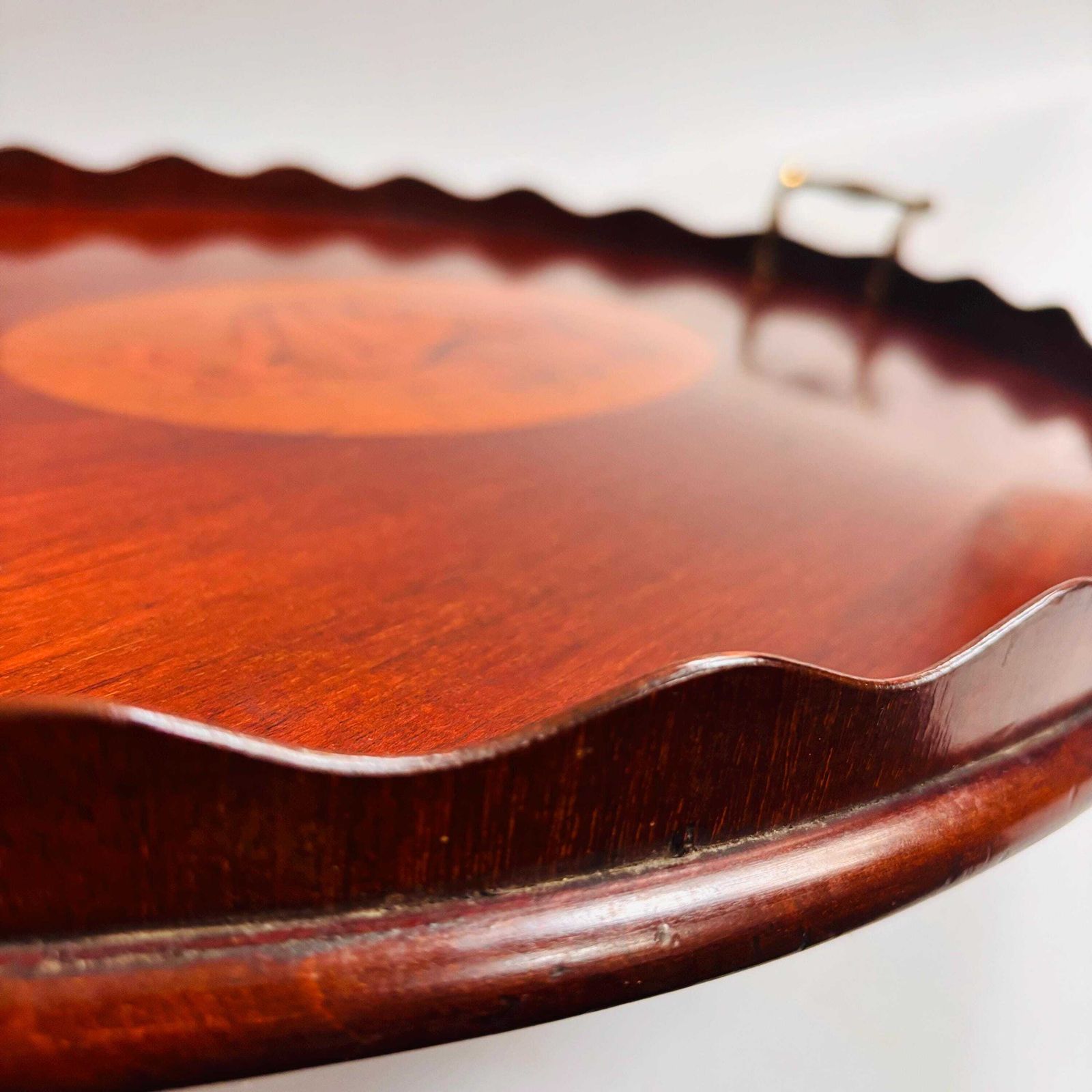 Antique Edwardian Mahogany Tray | Marquetry Inlaid Shell With Brass Handles | Butler's Tea 19c photo buy
