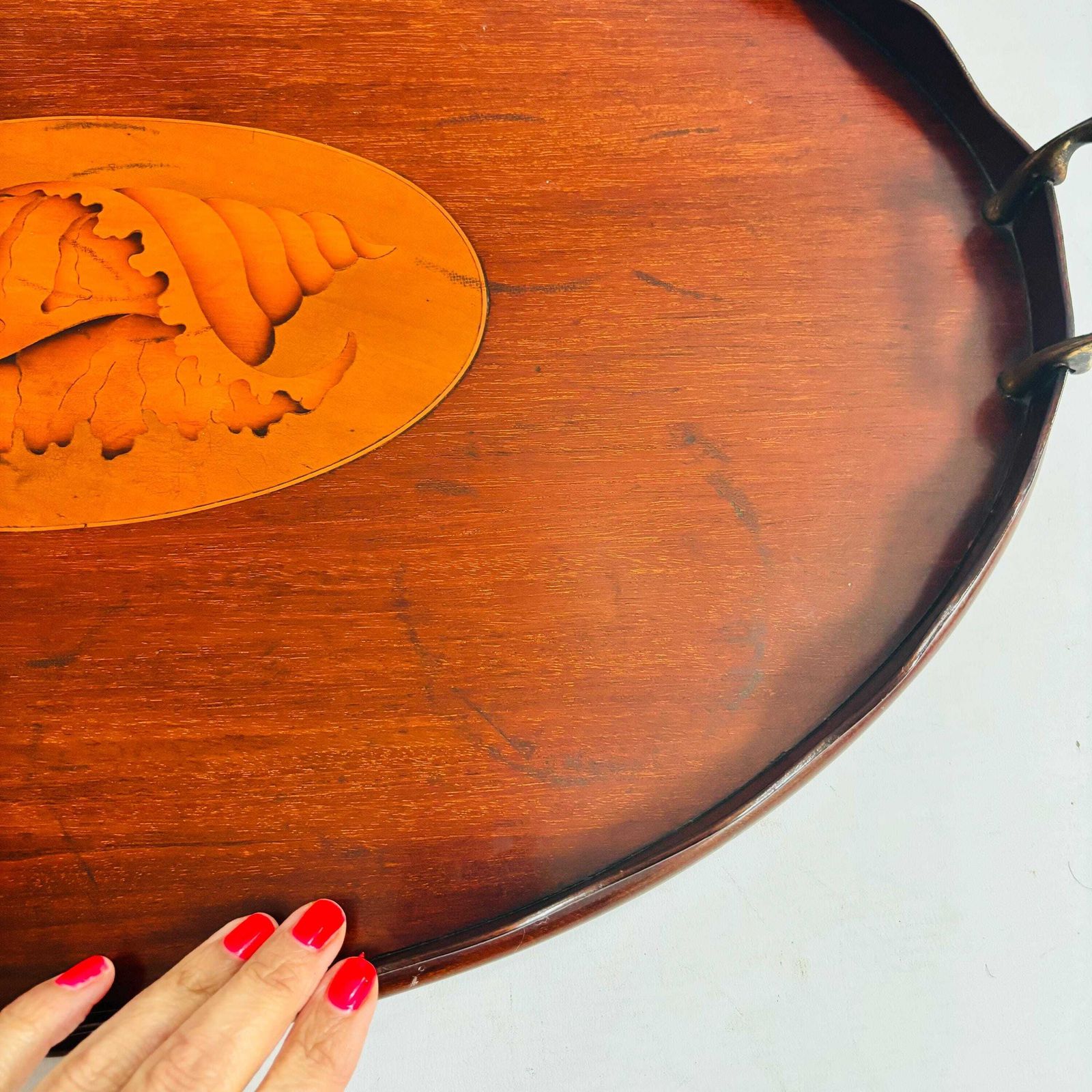 Home Decor Antique Edwardian Mahogany Tray | Marquetry Inlaid Shell With Brass Handles | Butler's Tea 19c photo