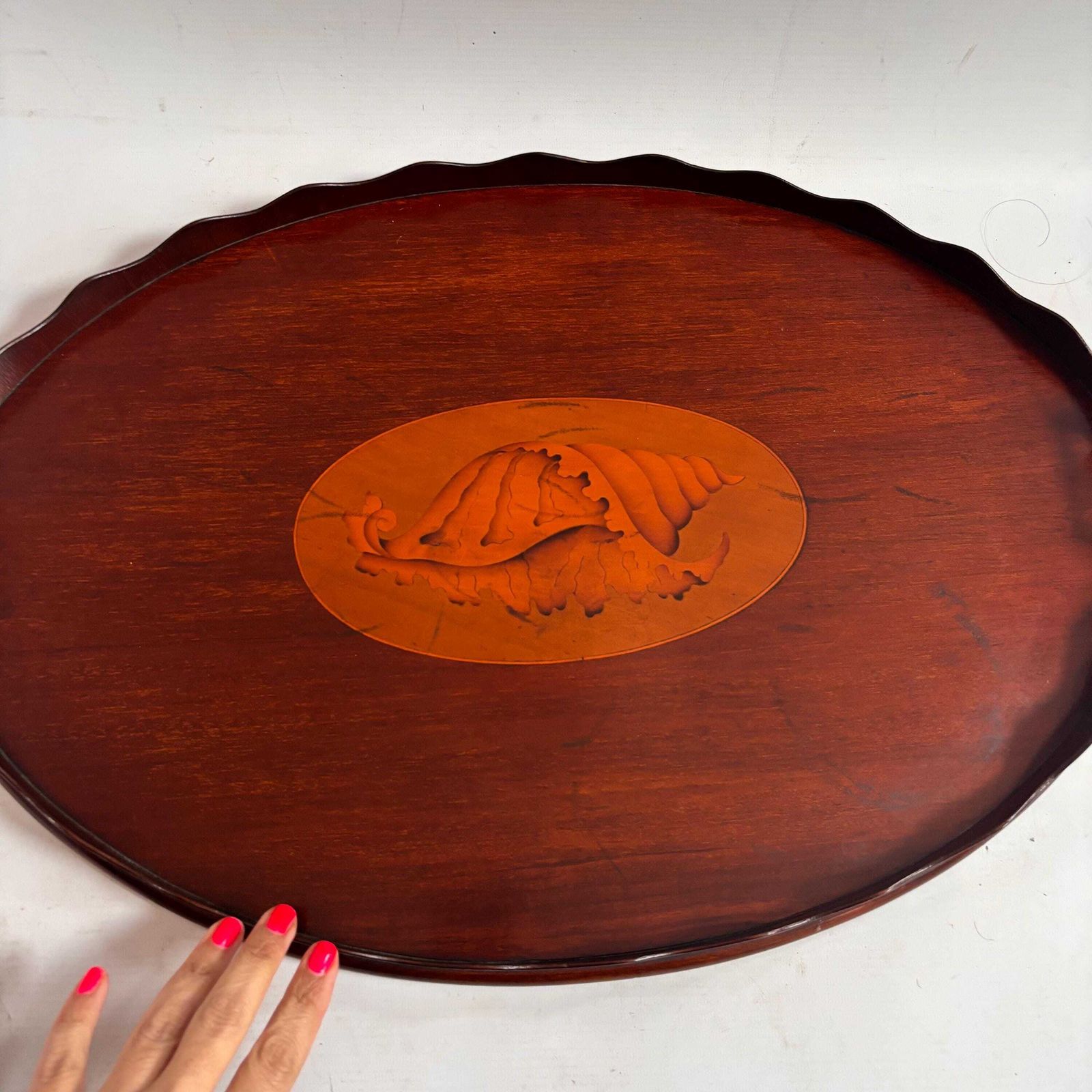 photo buy Antique Edwardian Mahogany Tray | Marquetry Inlaid Shell With Brass Handles | Butler's Tea 19c