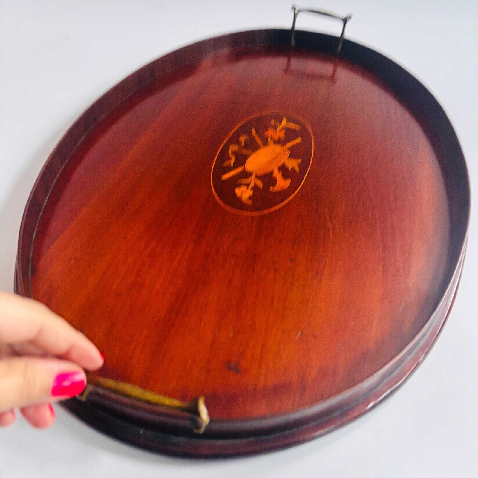 photo vinterior Antique Edwardian Mahogany Tray | Marquetry Inlaid With Brass Handles | Butler's Tea 1880s