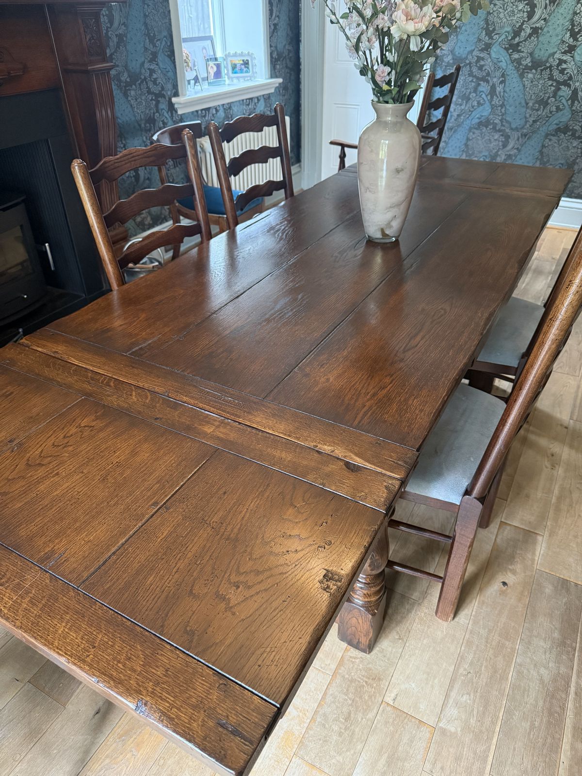 English Oak, Drawer Leaf Refectory Table & 6 Ladderback Chairs photo furniture