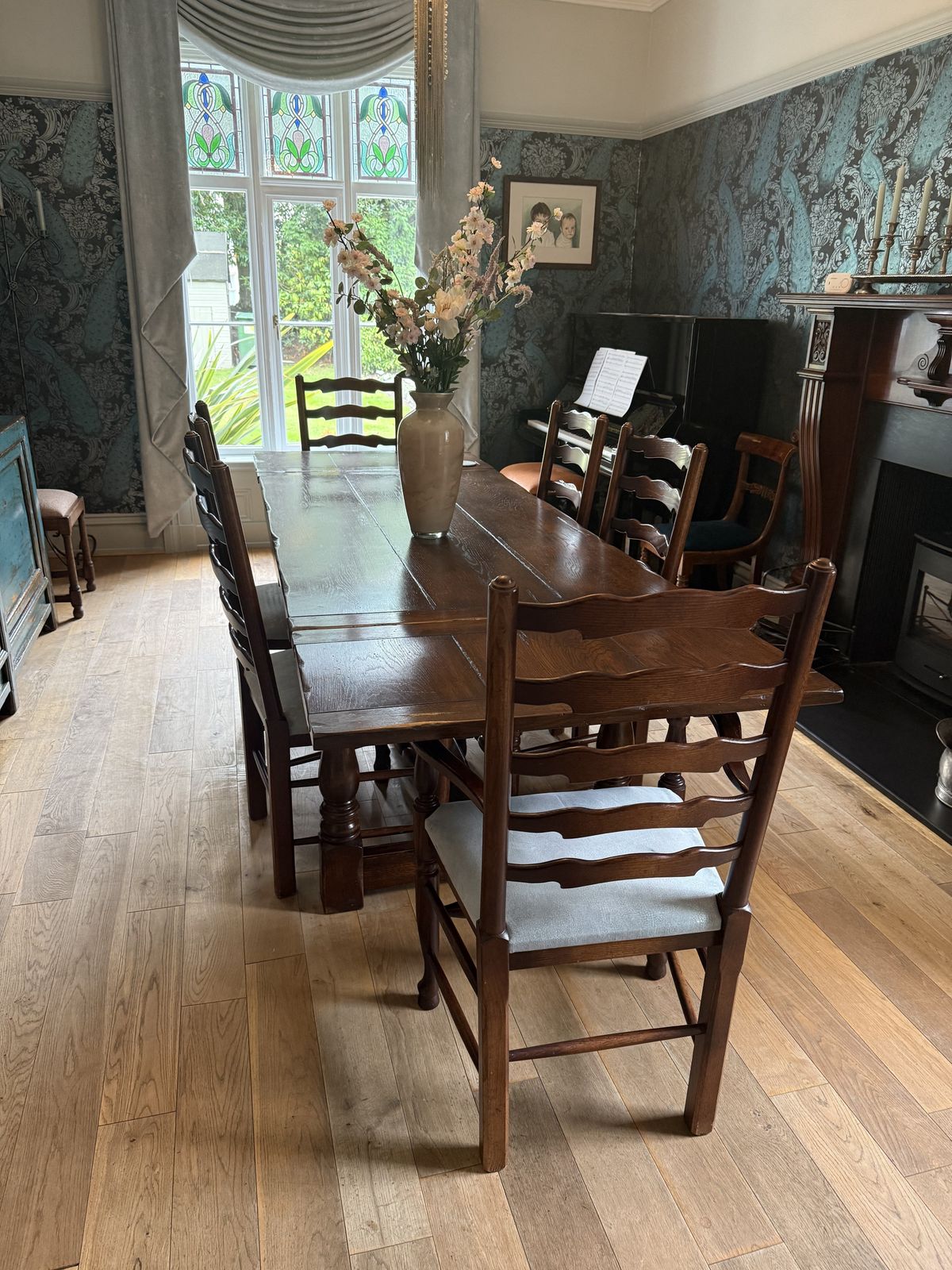 English Oak, Drawer Leaf Refectory Table & 6 Ladderback Chairs photo 1200.0