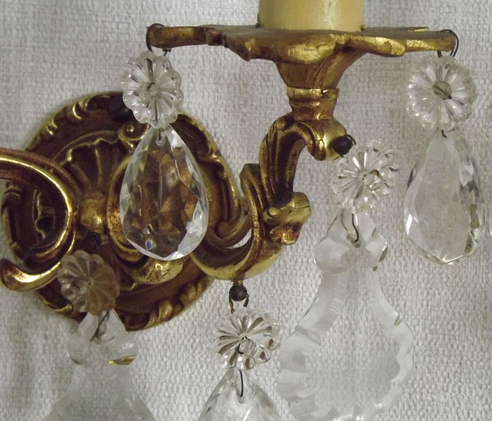 photo for sale Pair Of French Vintage Double Bronze Crystal Wall Lights With Acanthus Detail
