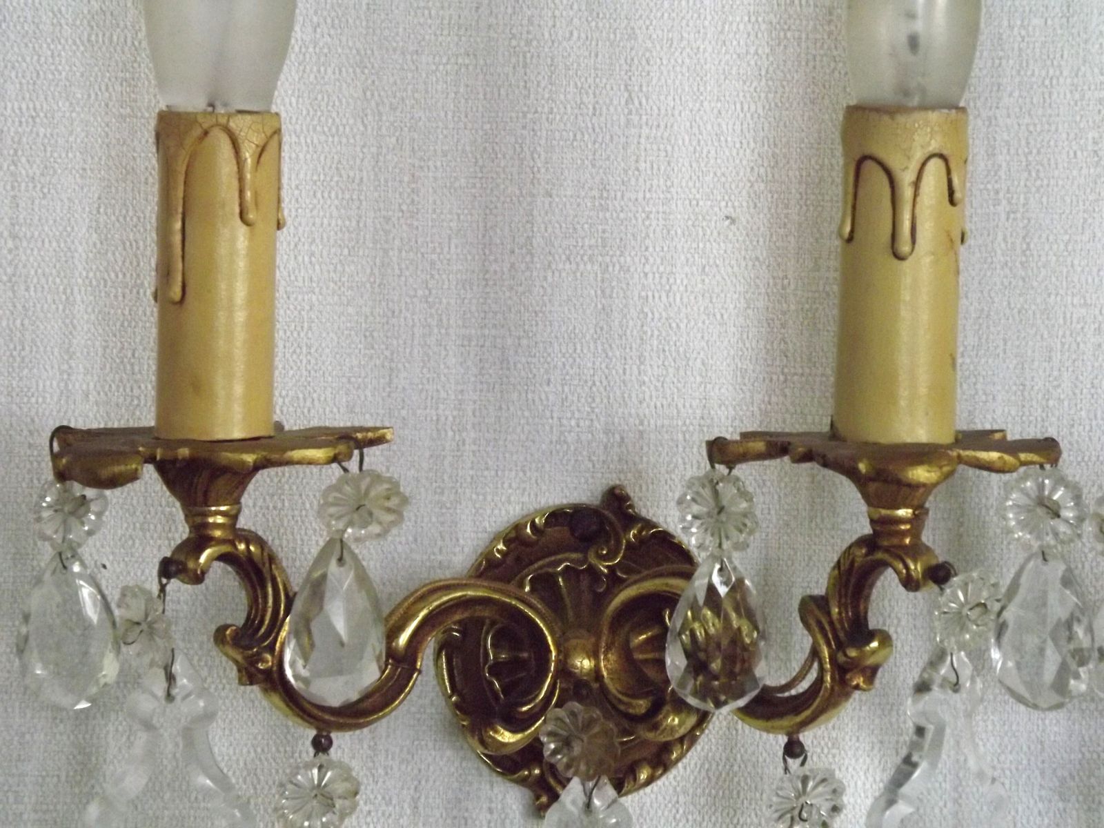 Lighting Pair Of French Vintage Double Bronze Crystal Wall Lights With Acanthus Detail photo