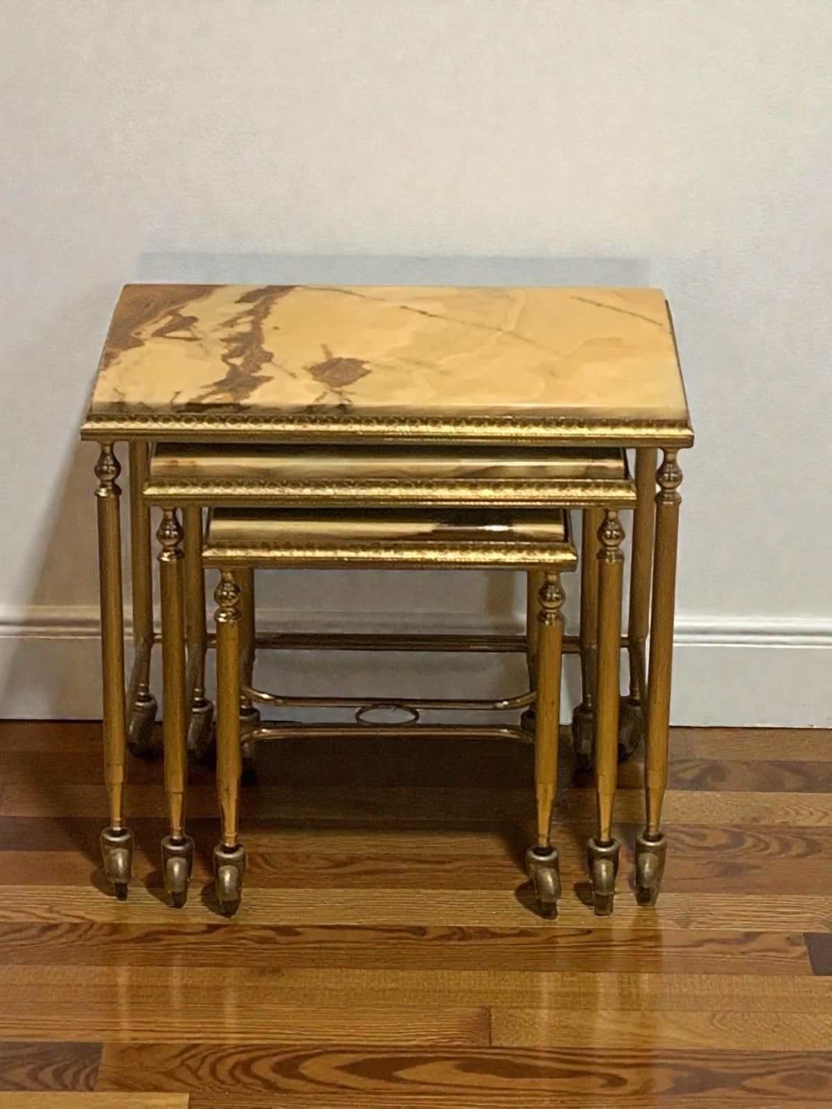 Elegant French Brass And Onyx Nesting Tables In The Style Of Hollywood Regency C1950's