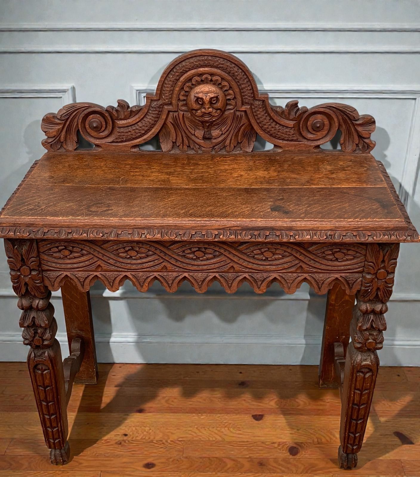 1860's Antique Victorian Carved Oak Console Hall Table With Green Man Motif photo furniture