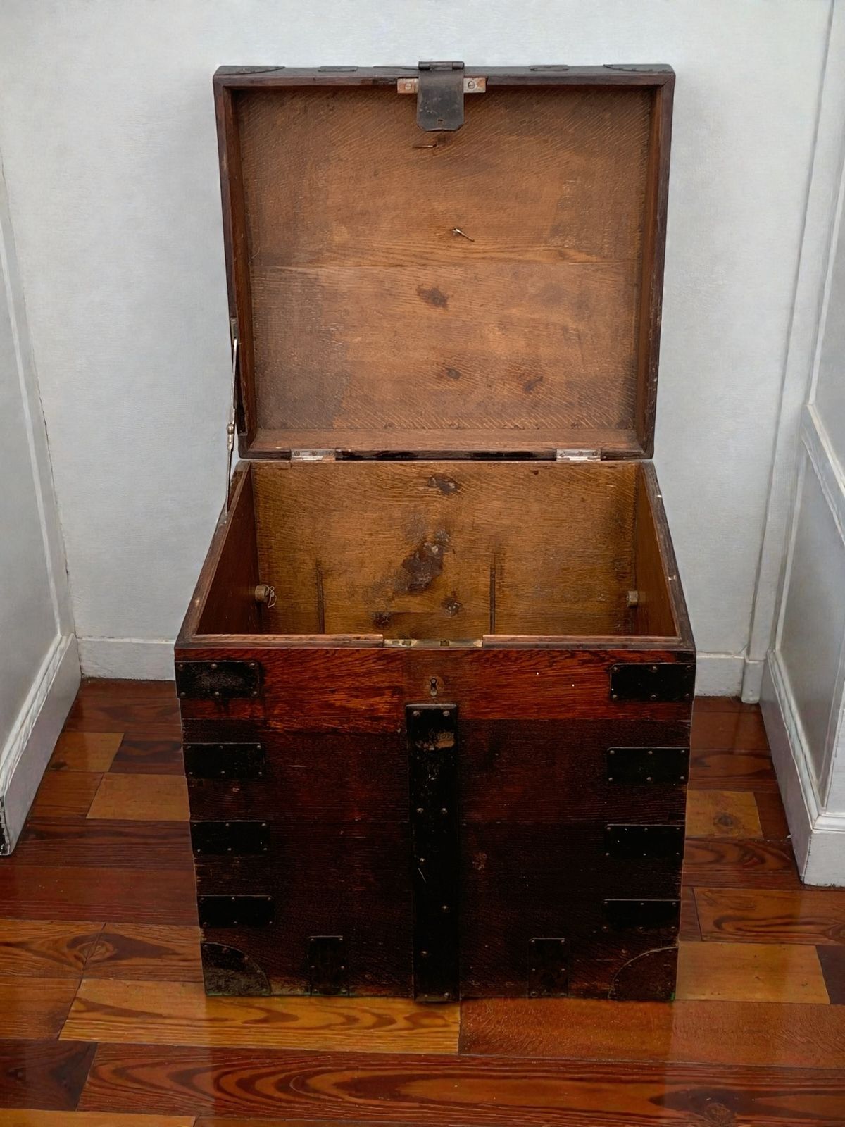 Antique Oak, Bound Iron Storage Trunk, Silver Chest, Campaign Chest, C 1800's. photo buy
