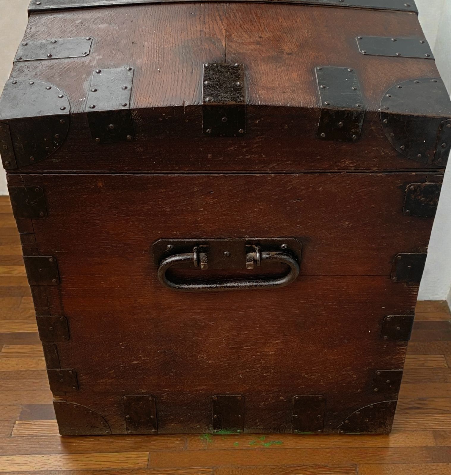 Antique Oak, Bound Iron Storage Trunk, Silver Chest, Campaign Chest, C 1800's. photo vintage
