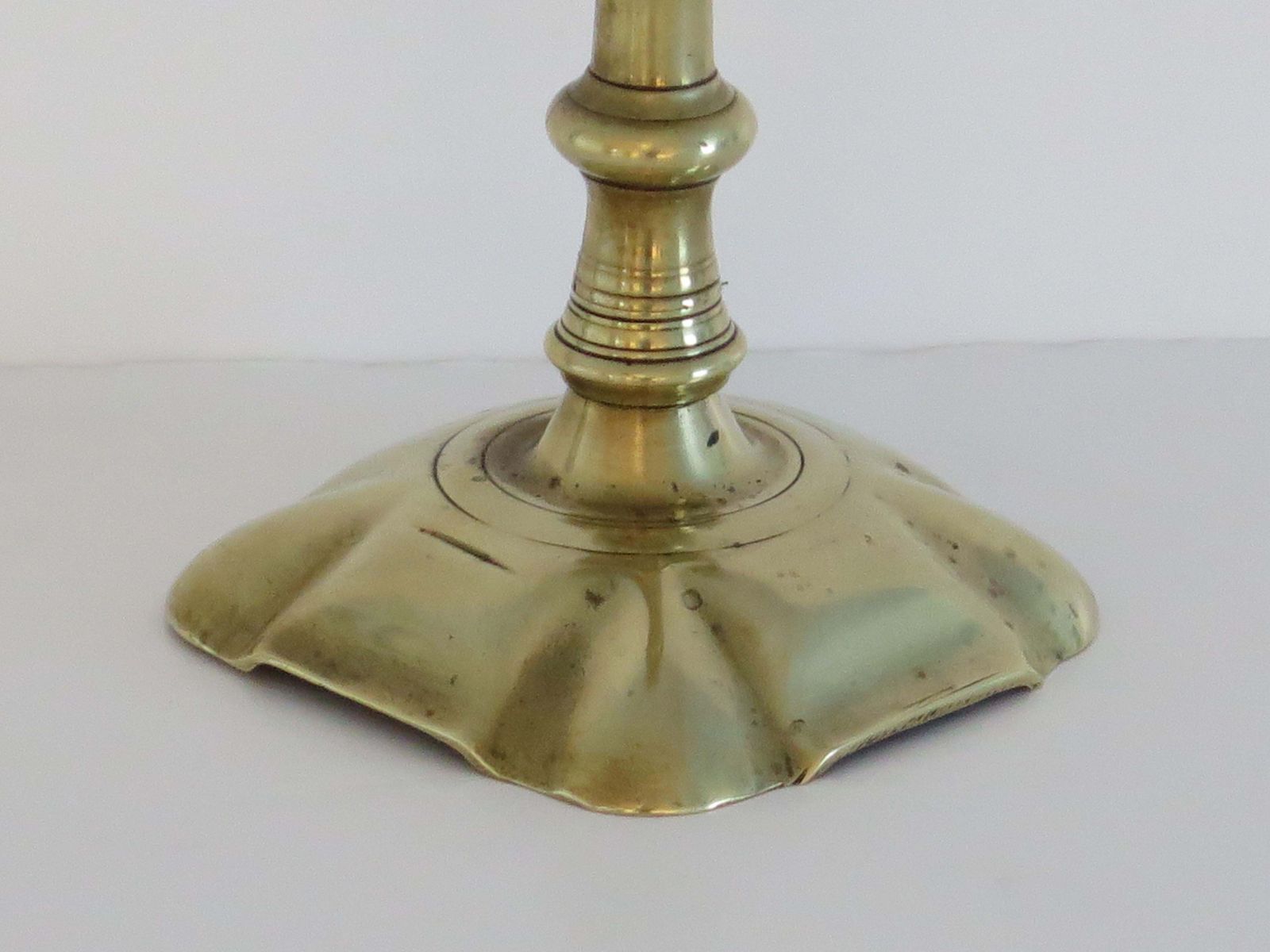 345.0 English Georgian Solid Brass Candlestick Seemed, Circa 1770 photo