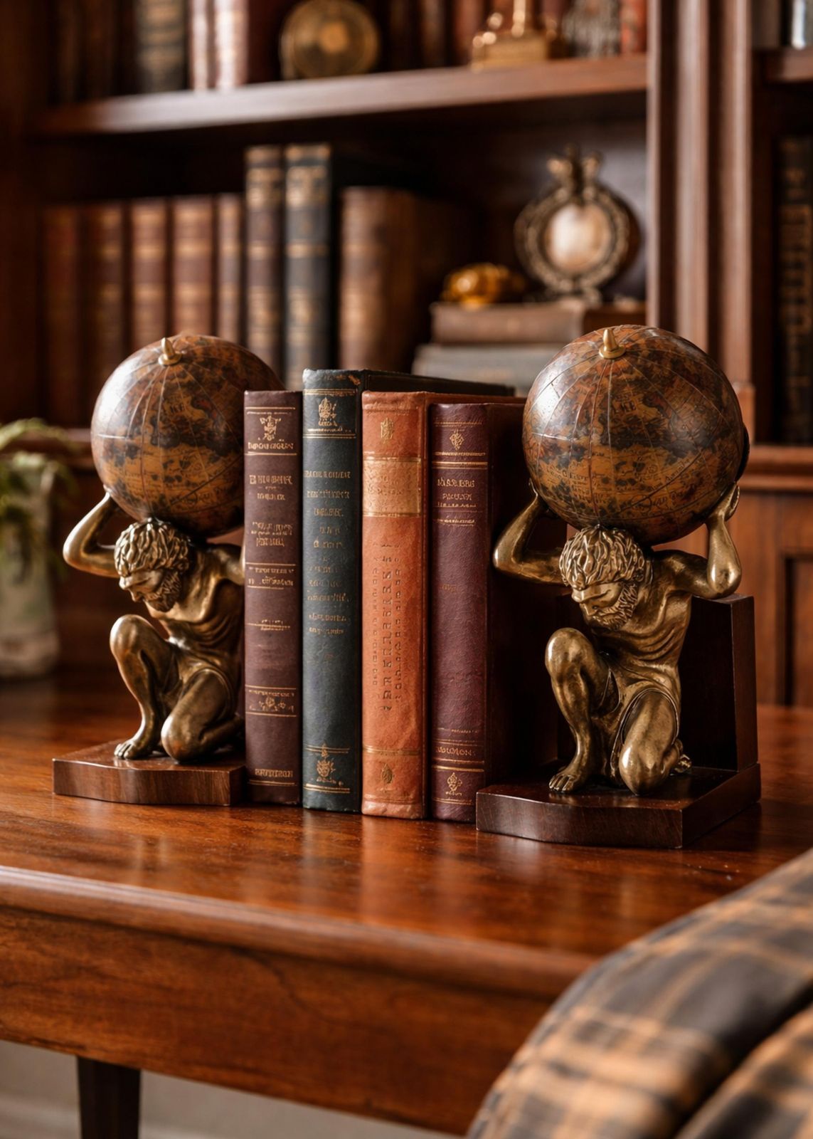 Pair Of 20th Century Atlas Globe Bookends Bronze & Wood Figurine Of Book Holders photo furniture