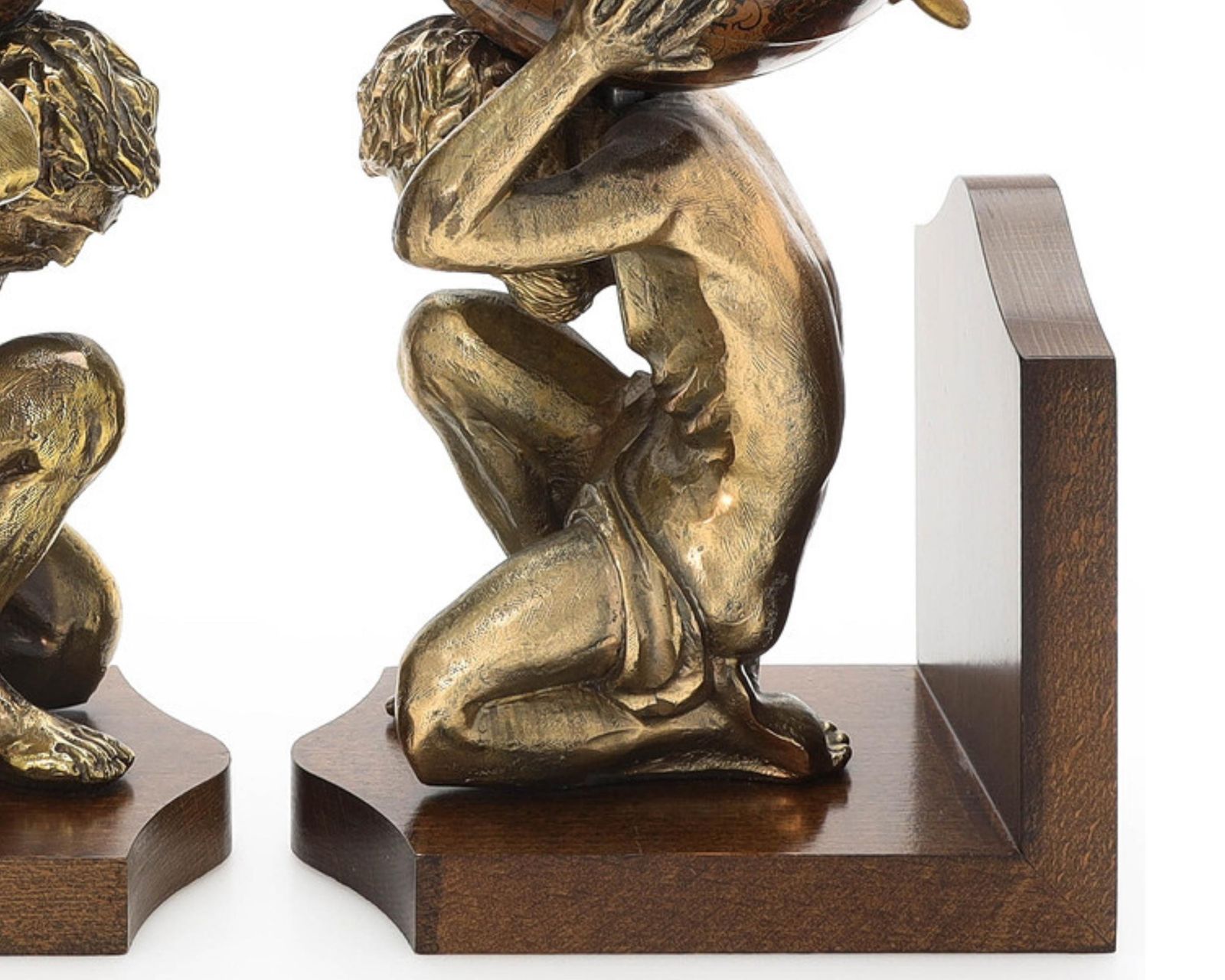 Pair Of 20th Century Atlas Globe Bookends Bronze & Wood Figurine Of Book Holders photo buy