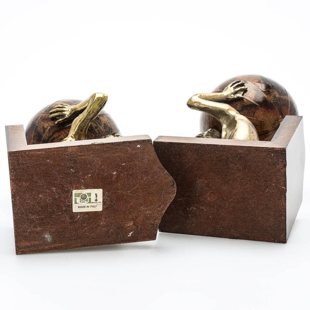 Home Decor Pair Of 20th Century Atlas Globe Bookends Bronze & Wood Figurine Of Book Holders photo