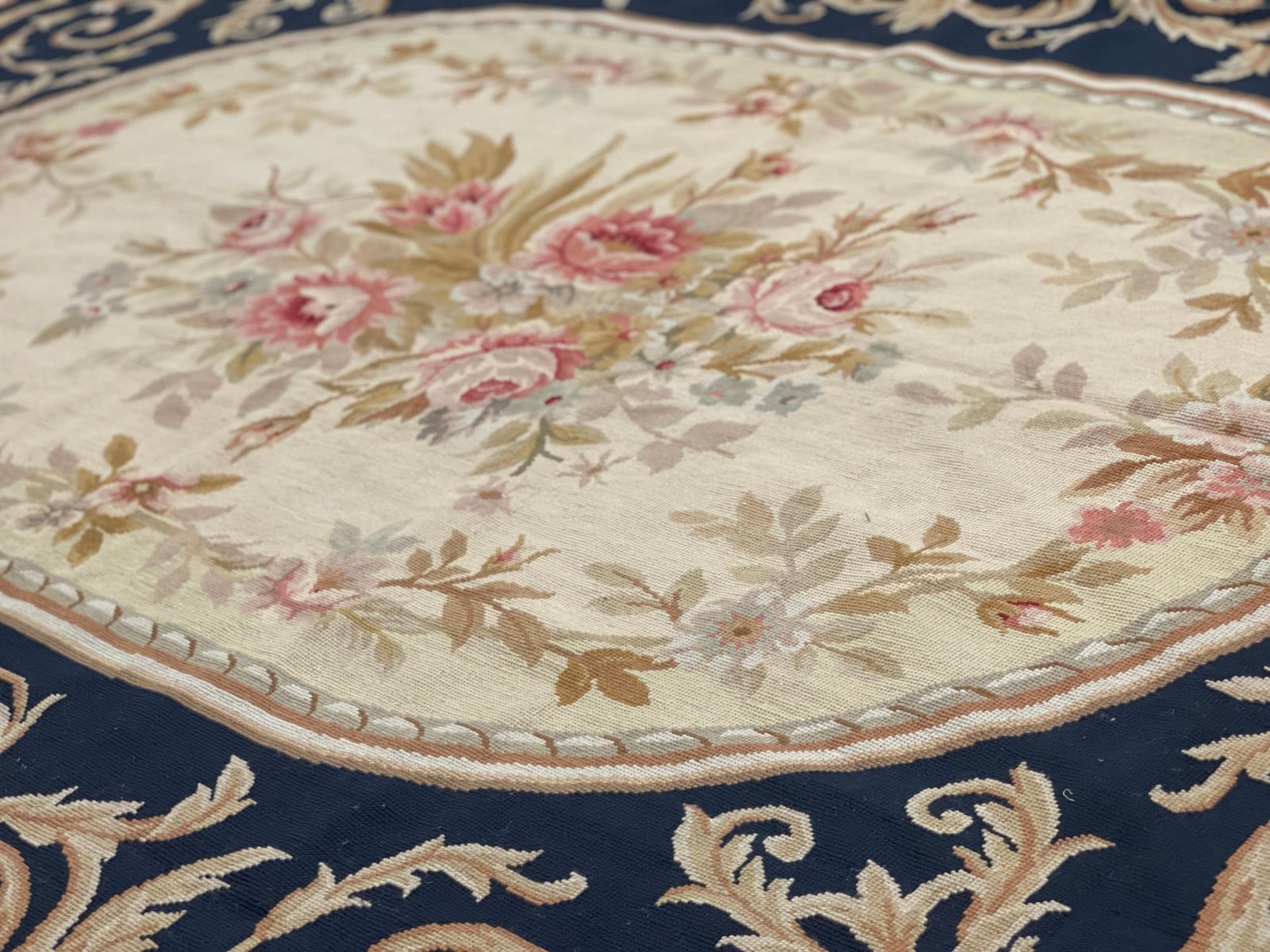 Traditional Aubusson Rug Handwoven Carpet Navy Blue Wool Needlepoint Home Decor photo vintage