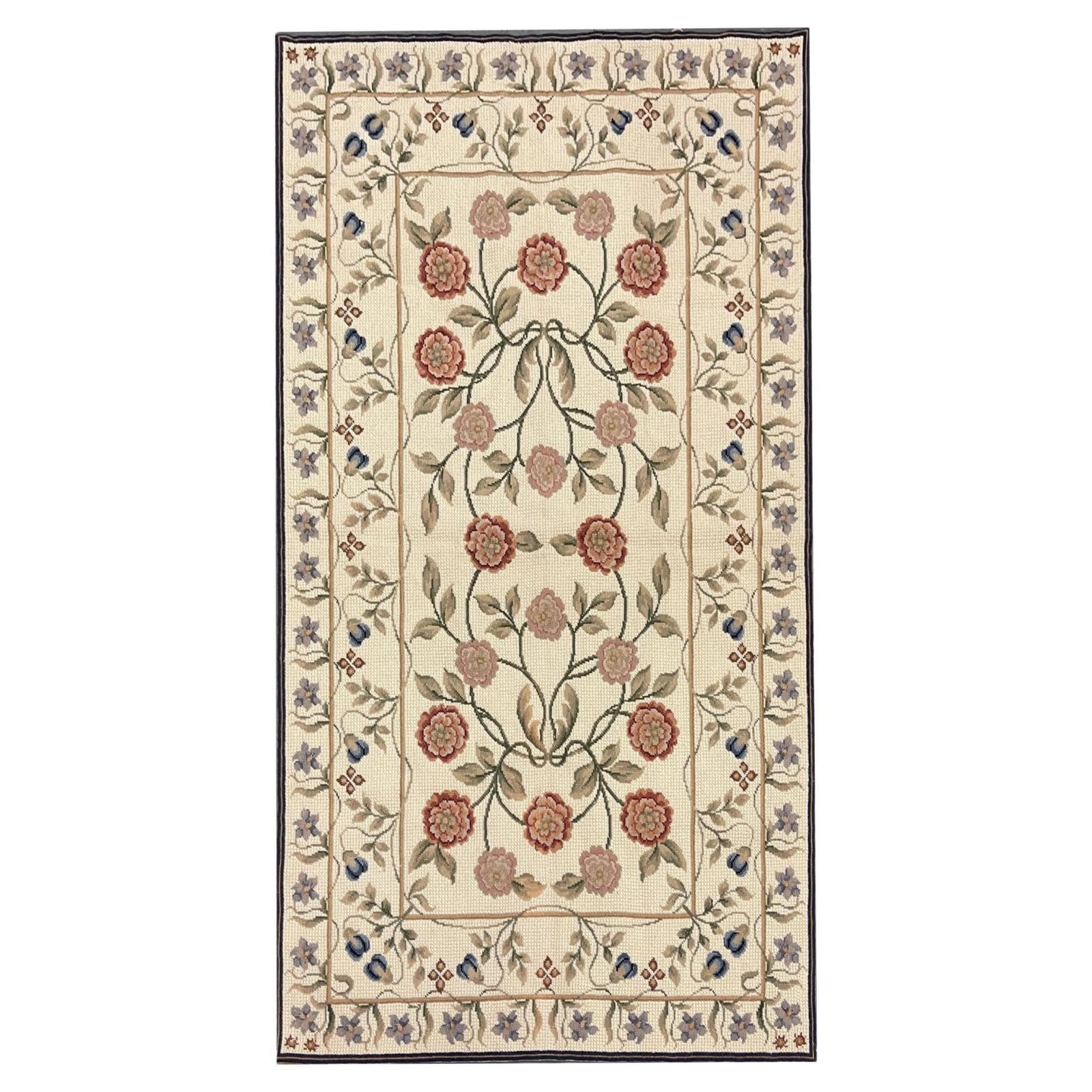 Traditional Beige Carpet Aubusson Rug Floral Handwoven Wool Needlepoint Rug