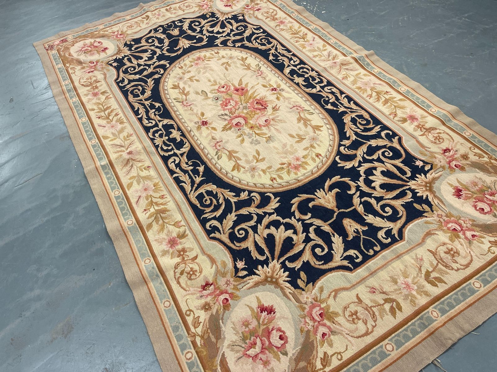 Navy Carpet Aubusson Rug Area Handwoven Wool Needlepoint Home Decor photo for sale