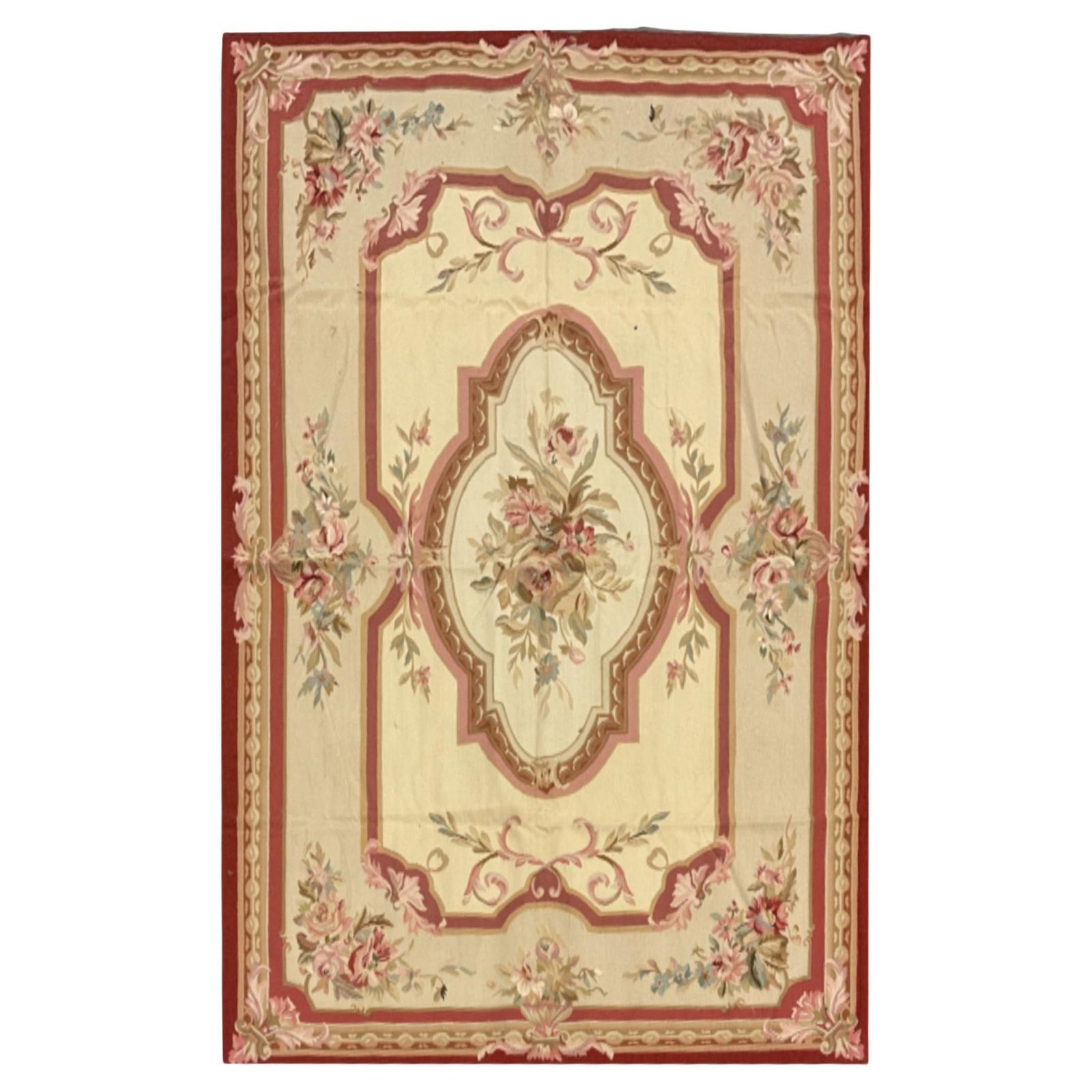 Beige Aubusson Rug Botanical Carpet Handwoven Wool Needlepoint Floral Rug
