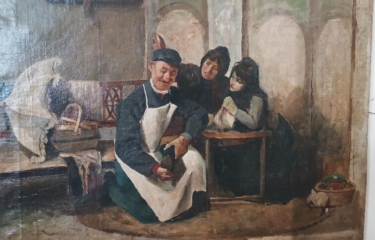 Antique Oil Painting On Canvas, Italian School, 19th Century, "The Shoemaker" photo for sale