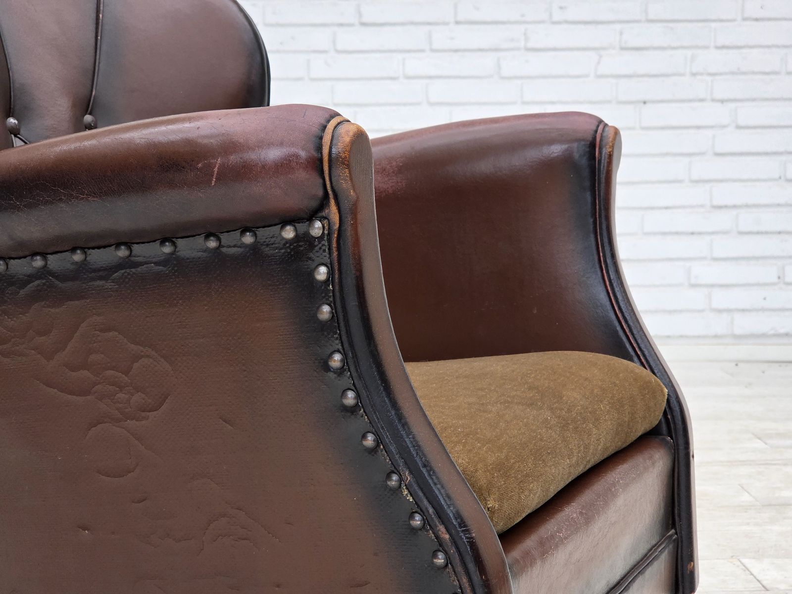 1930s, Danish Armchair, Brown Furniture Leather, Velour. photo Furniture