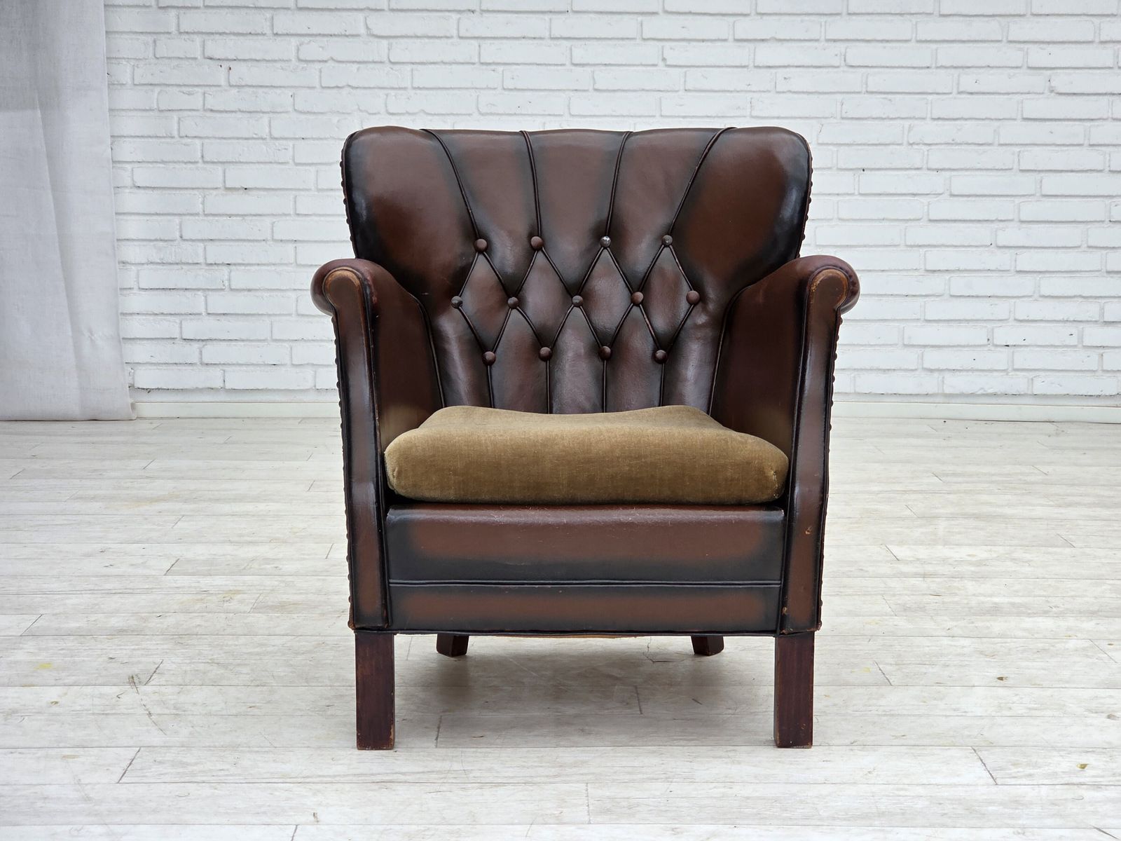 photo furniture 1930s, Danish Armchair, Brown Furniture Leather, Velour.