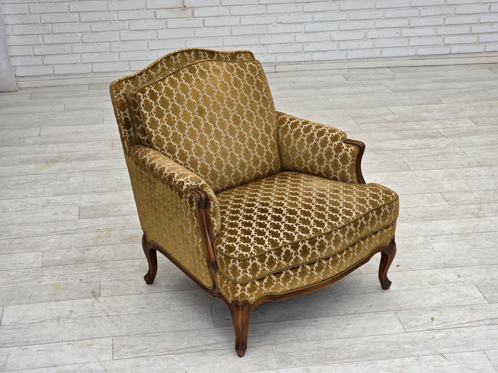 1950s, Danish Relax Chair, Furniture Velour, Carved Ash Wood. photo vintage