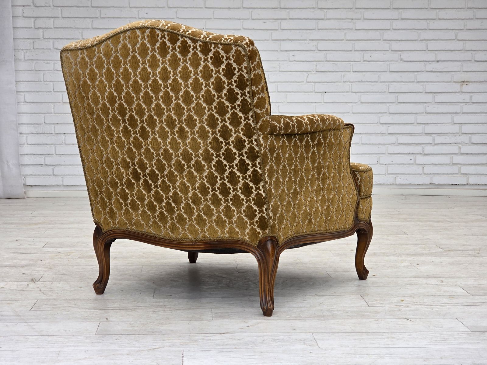 photo buy 1950s, Danish Relax Chair, Furniture Velour, Carved Ash Wood.