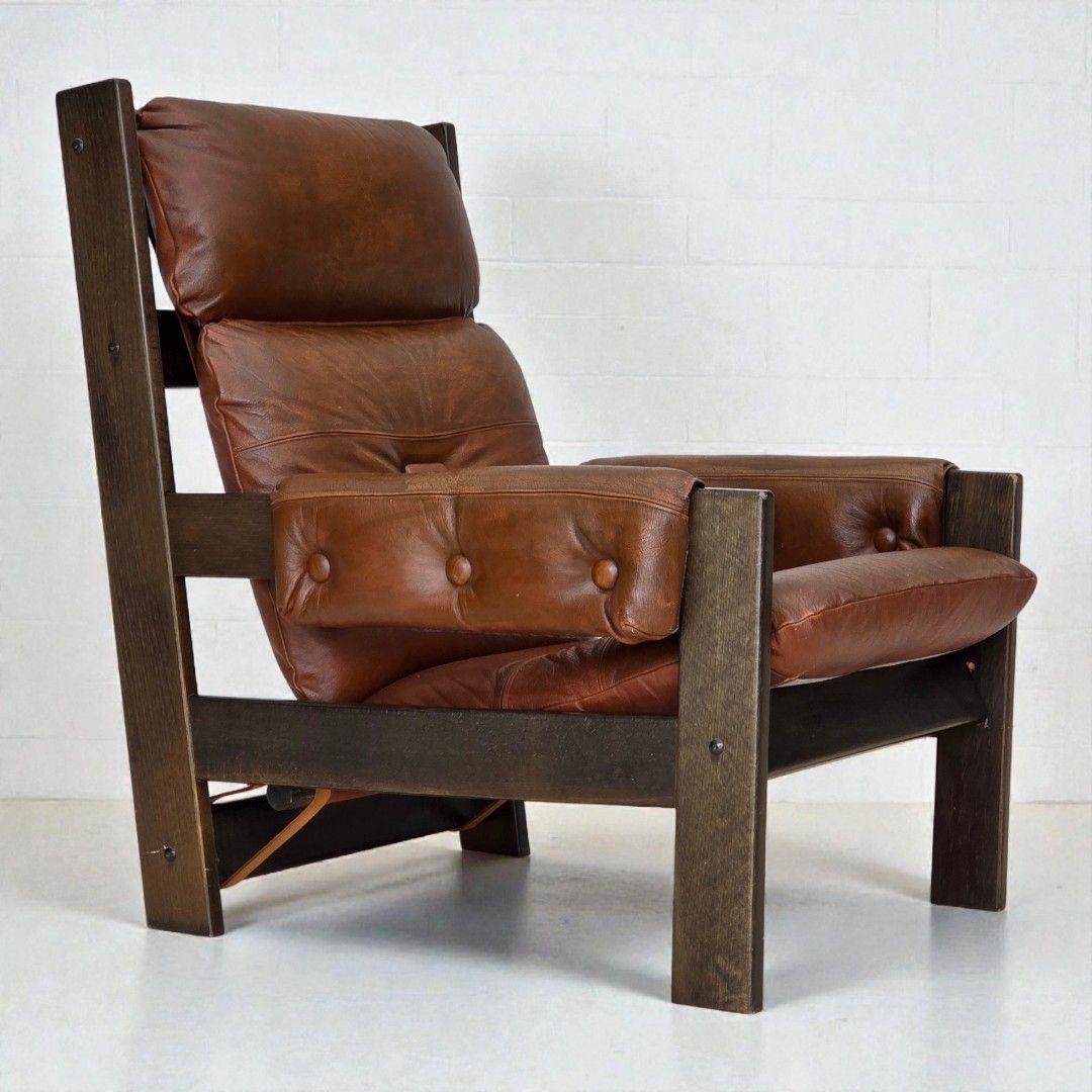 1970s, Scandinavian Armchair, Furniture Leather, Canvas, Oak Wood.