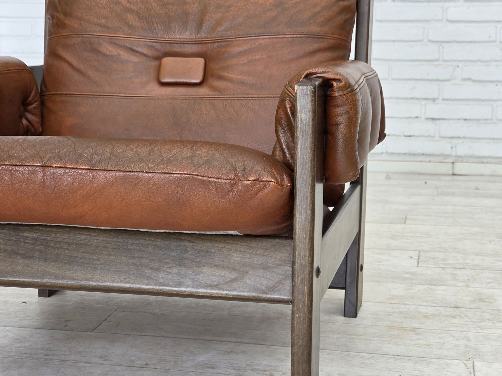 photo for sale 1970s, Scandinavian Armchair, Furniture Leather, Canvas, Oak Wood.