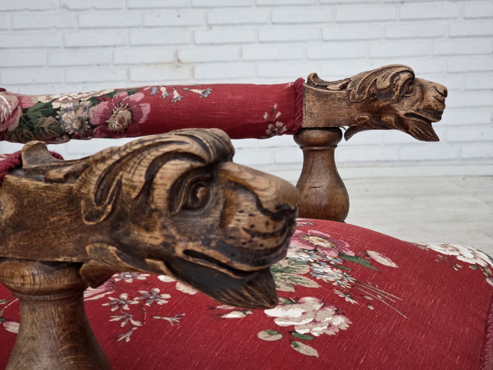 1920 30s, Danish Armchair, Furniture Cotton Fabric, Hand Carved Oak Wood. photo for sale