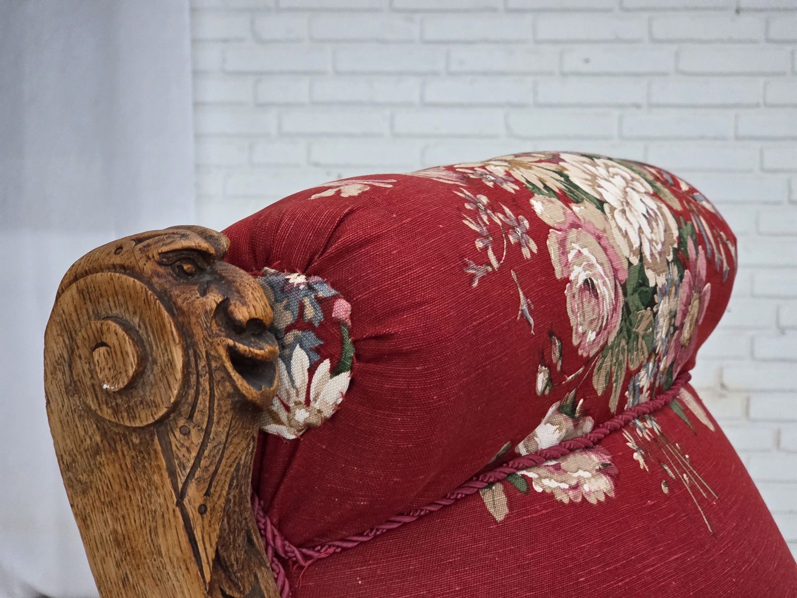 1920 30s, Danish Armchair, Furniture Cotton Fabric, Hand Carved Oak Wood. photo 995.0