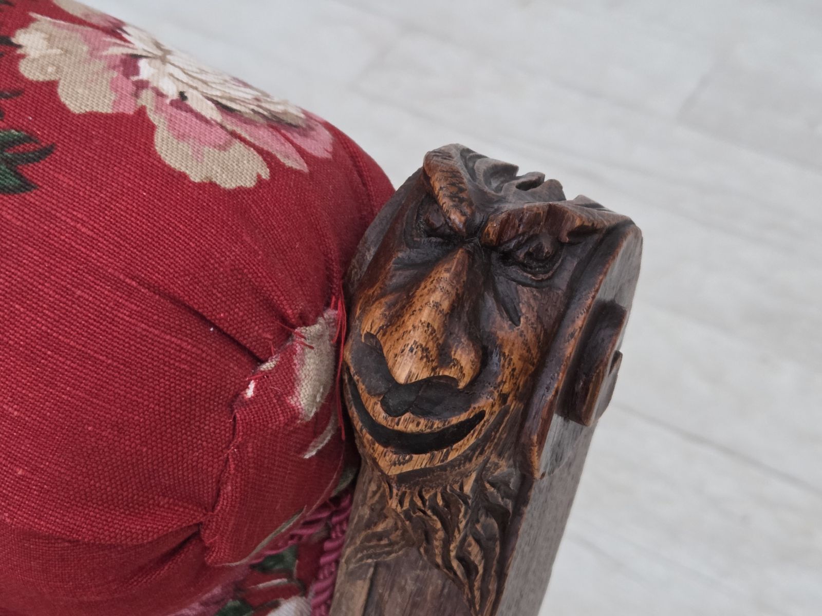 Furniture 1920 30s, Danish Armchair, Furniture Cotton Fabric, Hand Carved Oak Wood. photo
