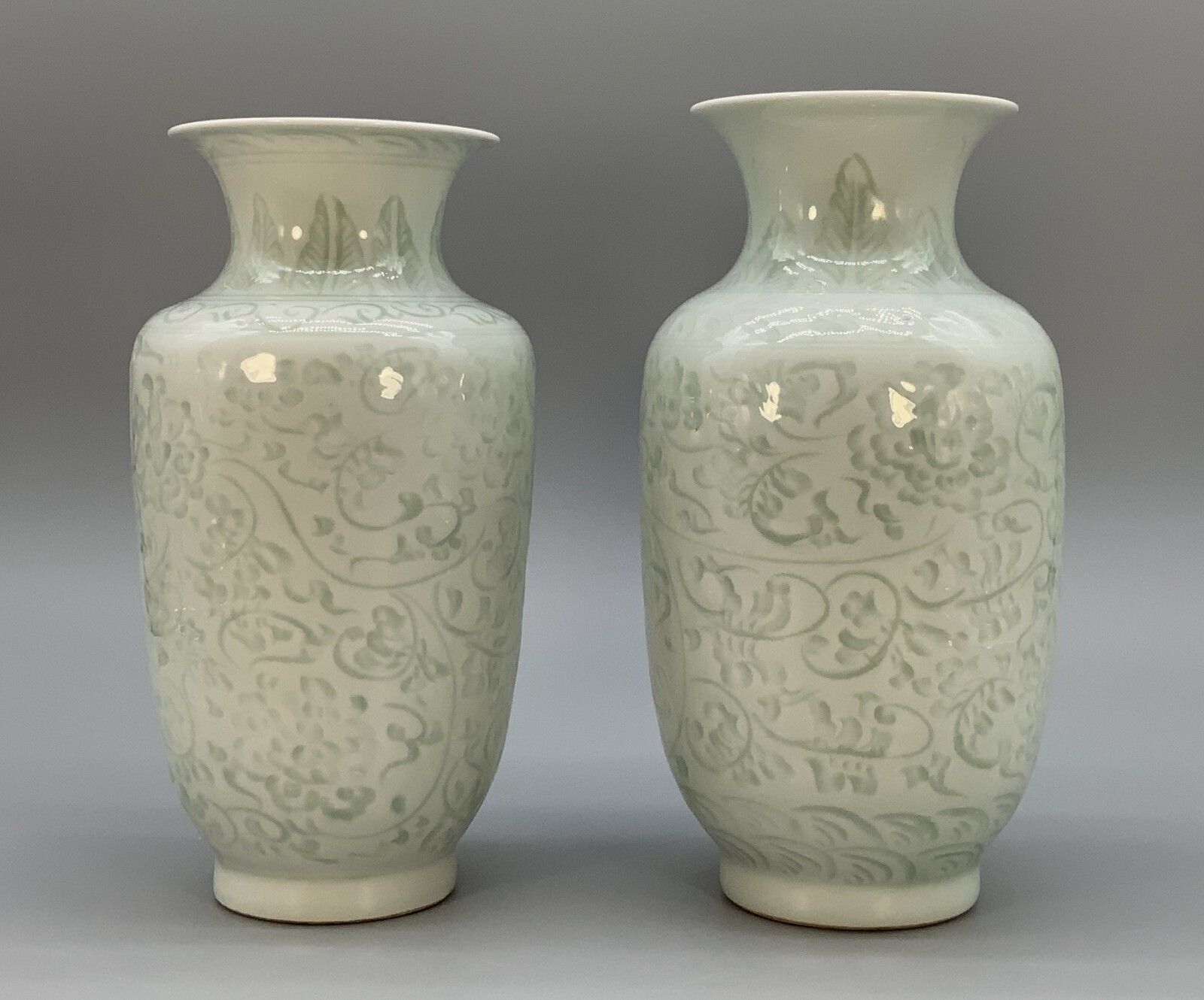 Pair Chinese Meiping Vases Carved Celadon Pale Green Qianlong Mark 20th Century