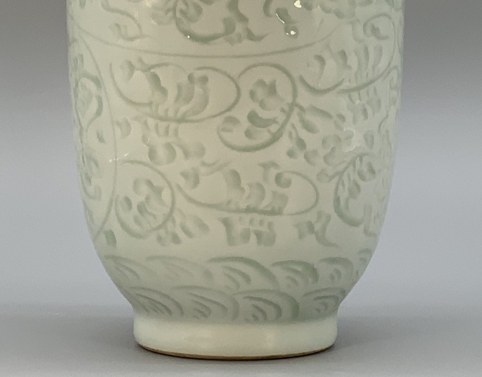 Pair Chinese Meiping Vases Carved Celadon Pale Green Qianlong Mark 20th Century photo vintage