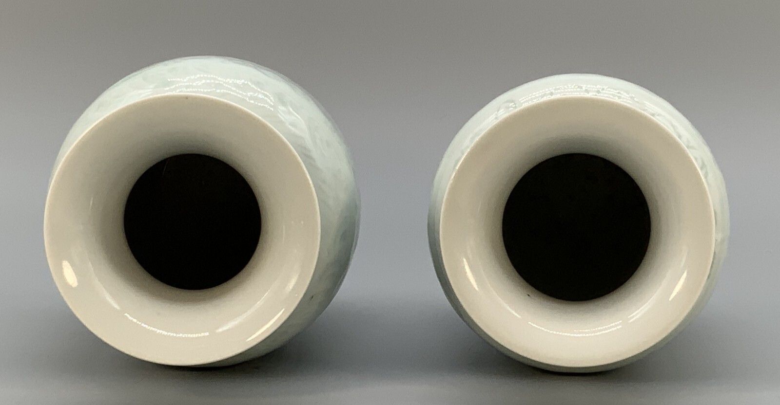 photo furniture Pair Chinese Meiping Vases Carved Celadon Pale Green Qianlong Mark 20th Century