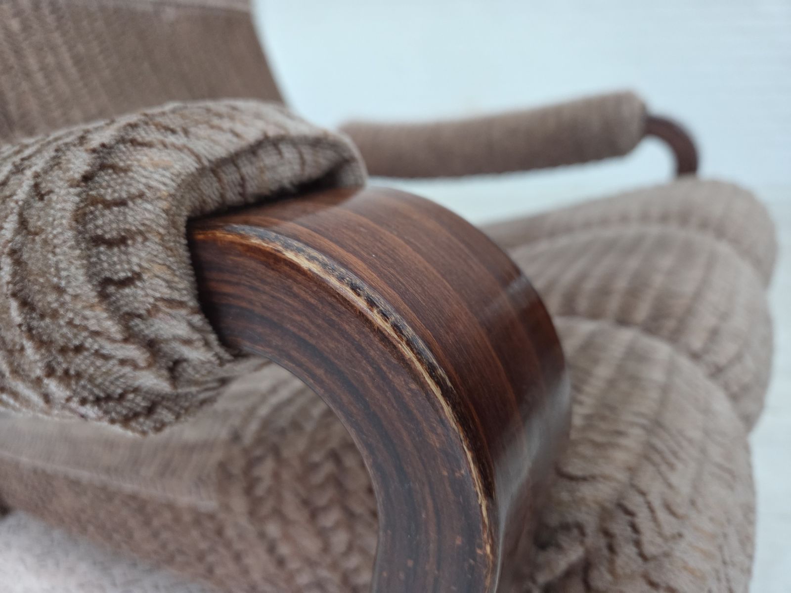 1970s, Danish Armchair, Light Brown Furniture Corduroy, Dark Beech Wood. photo Furniture