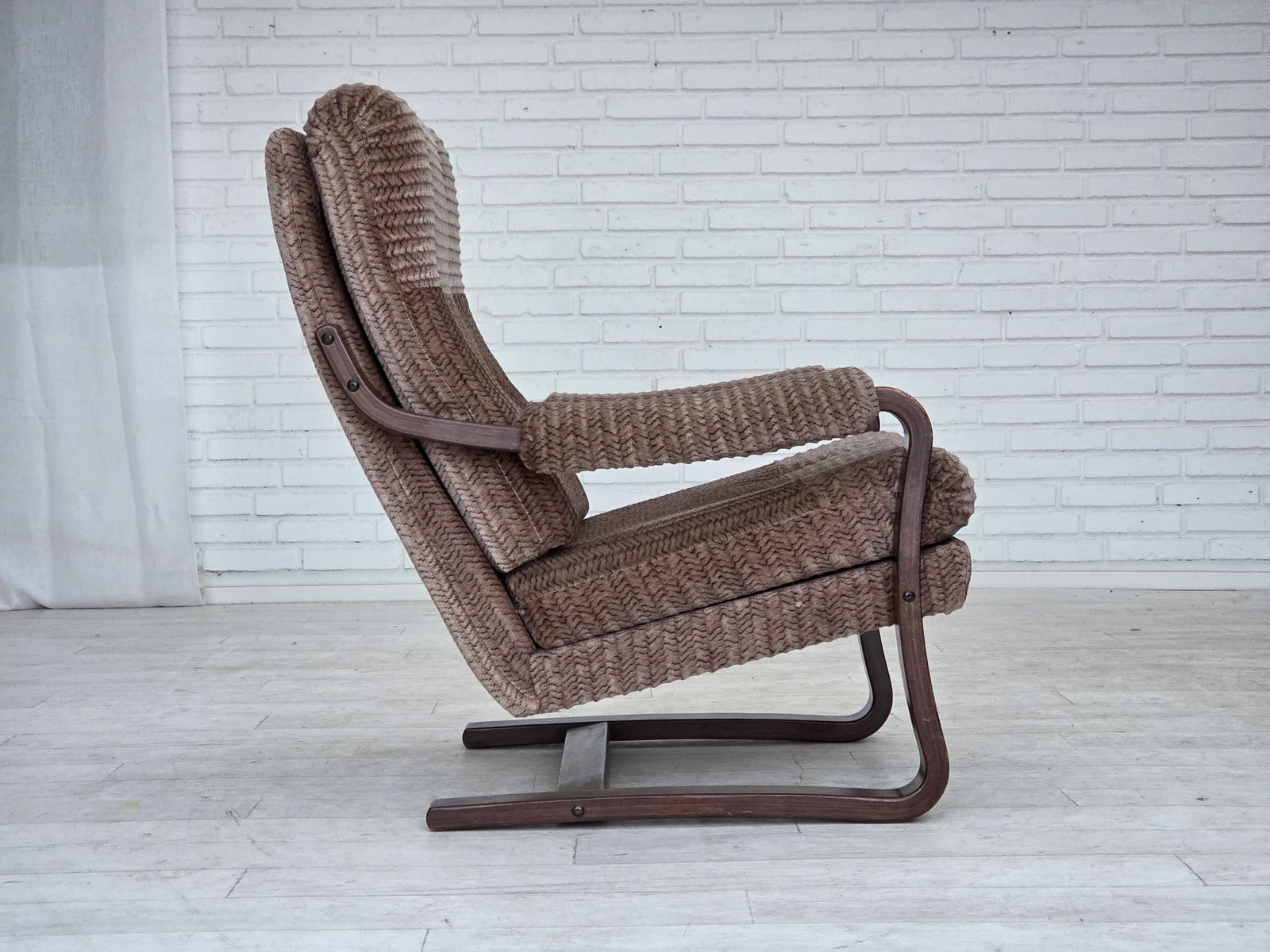 photo for sale 1970s, Danish Armchair, Light Brown Furniture Corduroy, Dark Beech Wood.