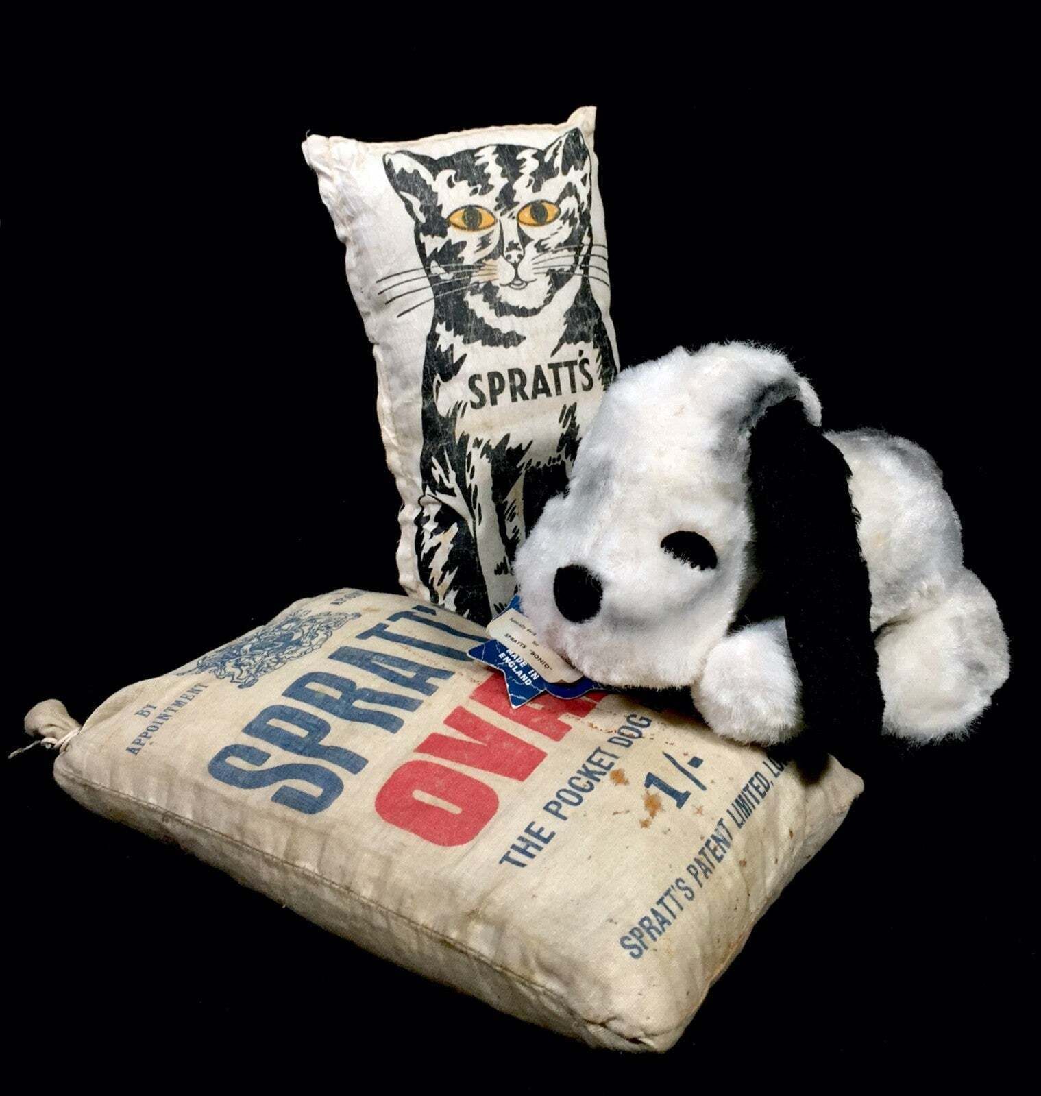 Antique Advertising Chad Valley Spratt's Cuddly Dog Toy & Food Bag Cushions photo vintage
