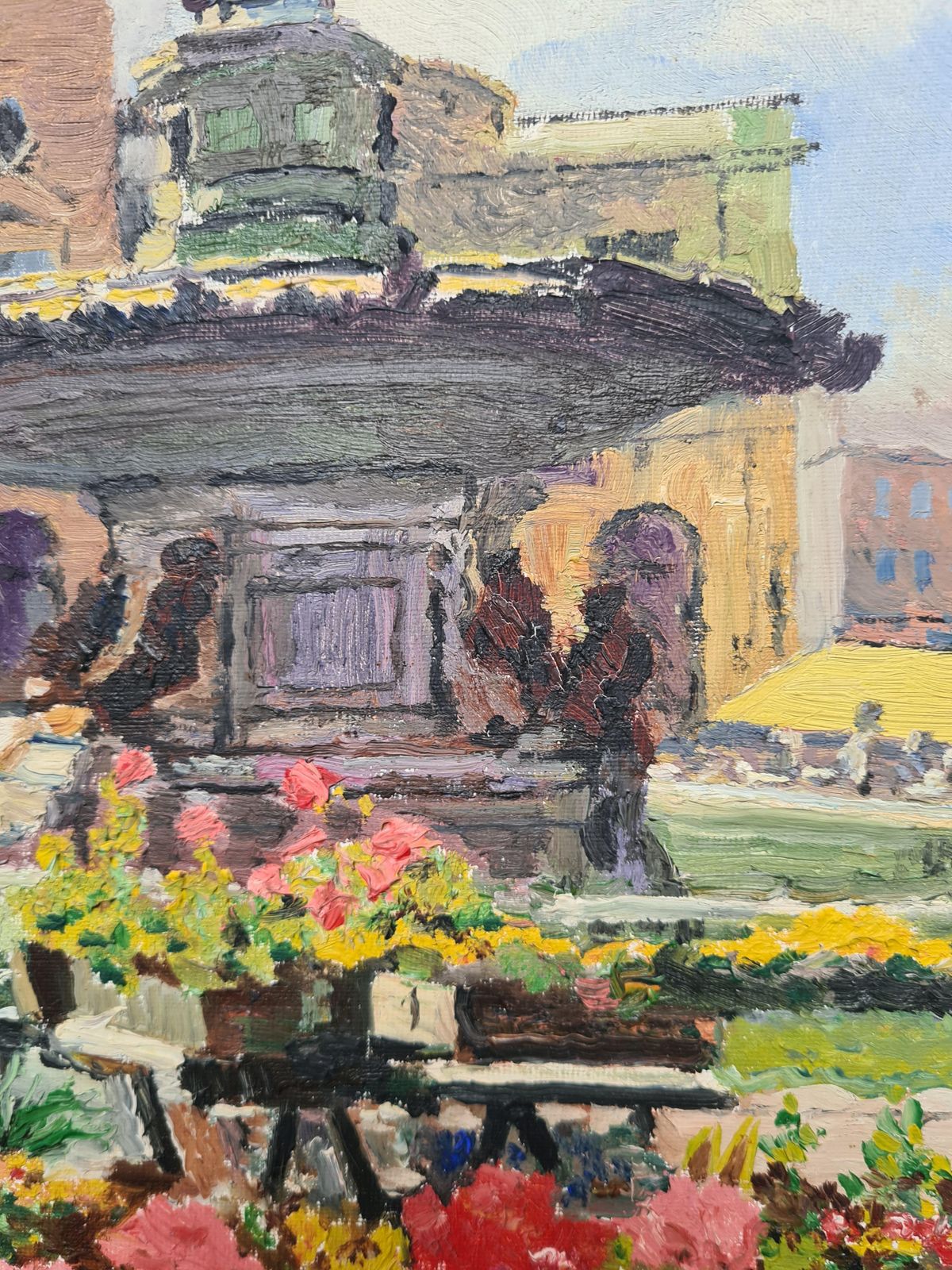 1960s Framed Romantic Oil Painting Of The Flower Market And Theatre De Cherbourg Byj Lietard photo vintage